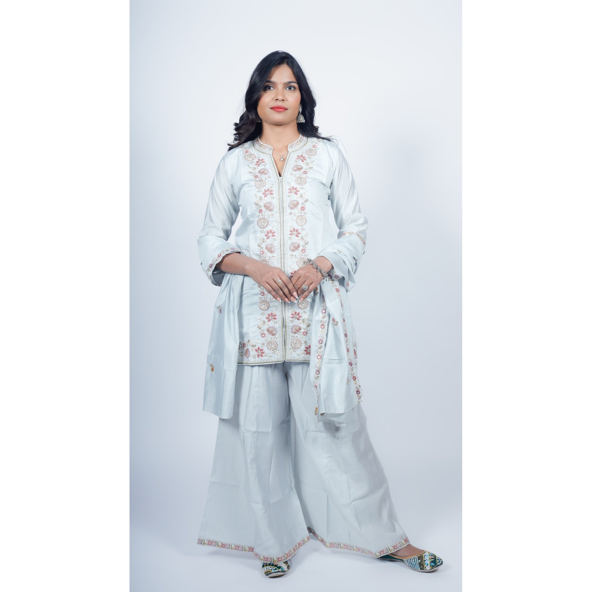 Silver Grey Silk Sharara Set with Floral Zardosi Embroidery