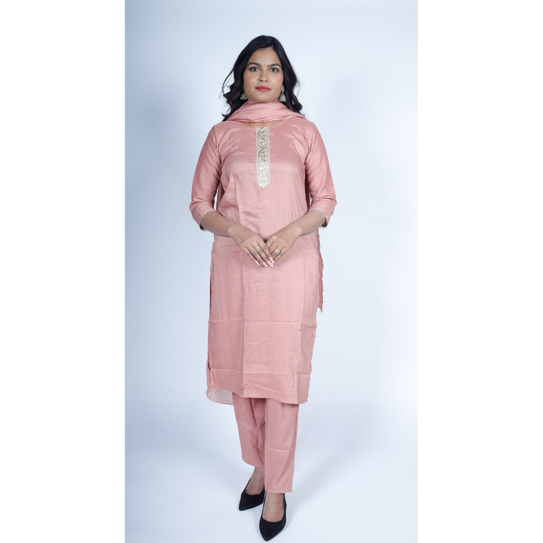 Peach Silk Kurta Set with Zari Embroidered Yoke & Striped Dupatta