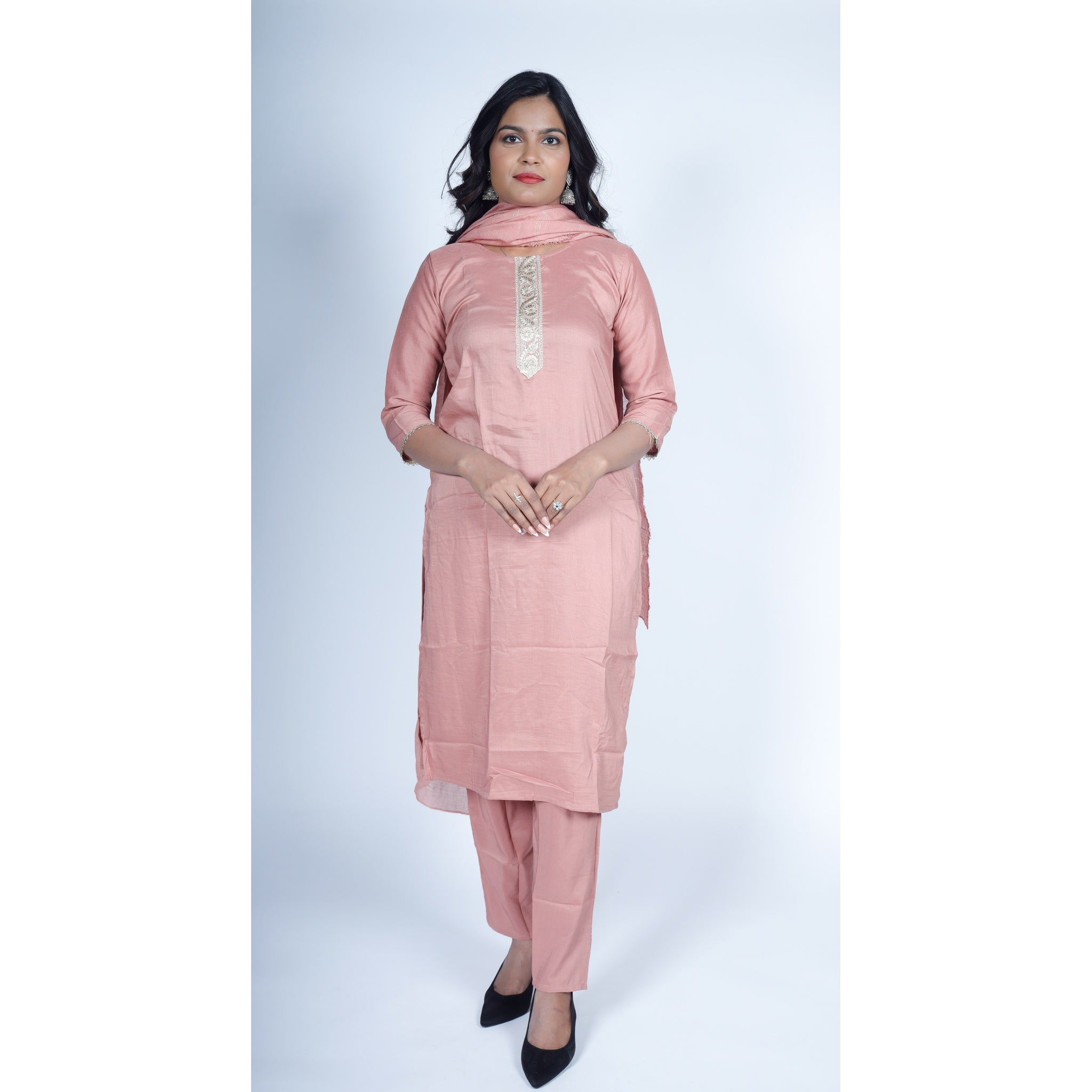 Peach Silk Kurta Set with Zari Embroidered Yoke & Striped Dupatta