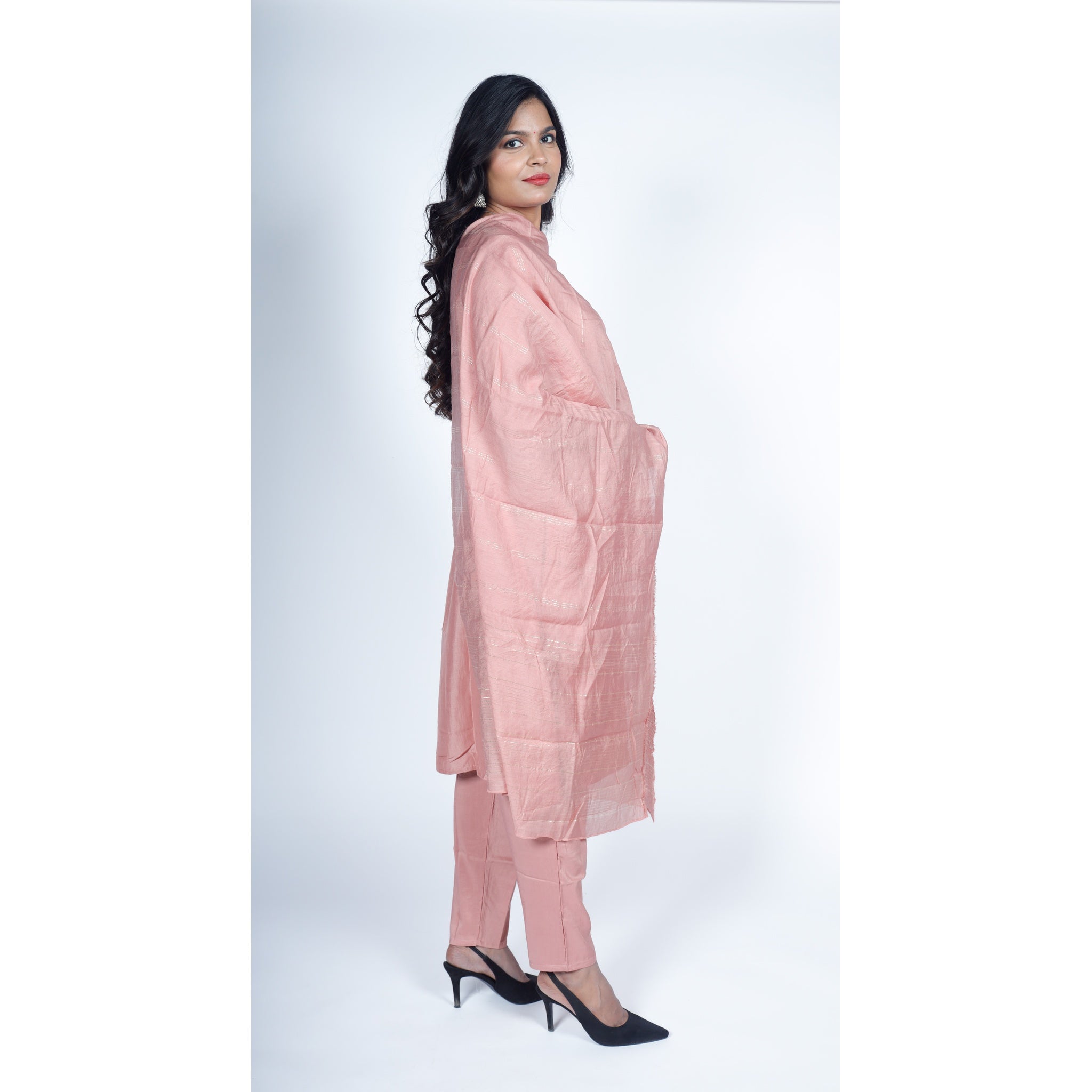 Peach Silk Kurta Set with Zari Embroidered Yoke & Striped Dupatta