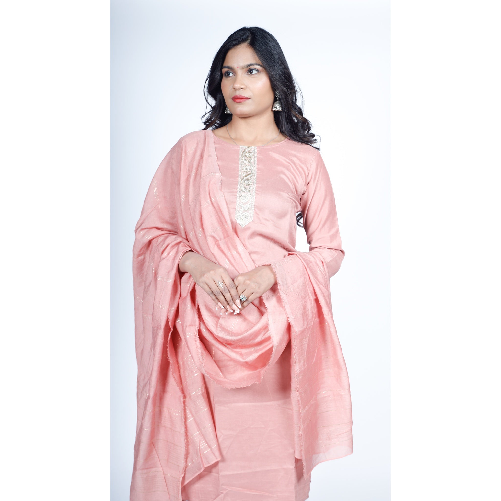 Peach Silk Kurta Set with Zari Embroidered Yoke & Striped Dupatta