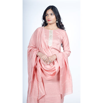 Peach Silk Kurta Set with Zari Embroidered Yoke & Striped Dupatta