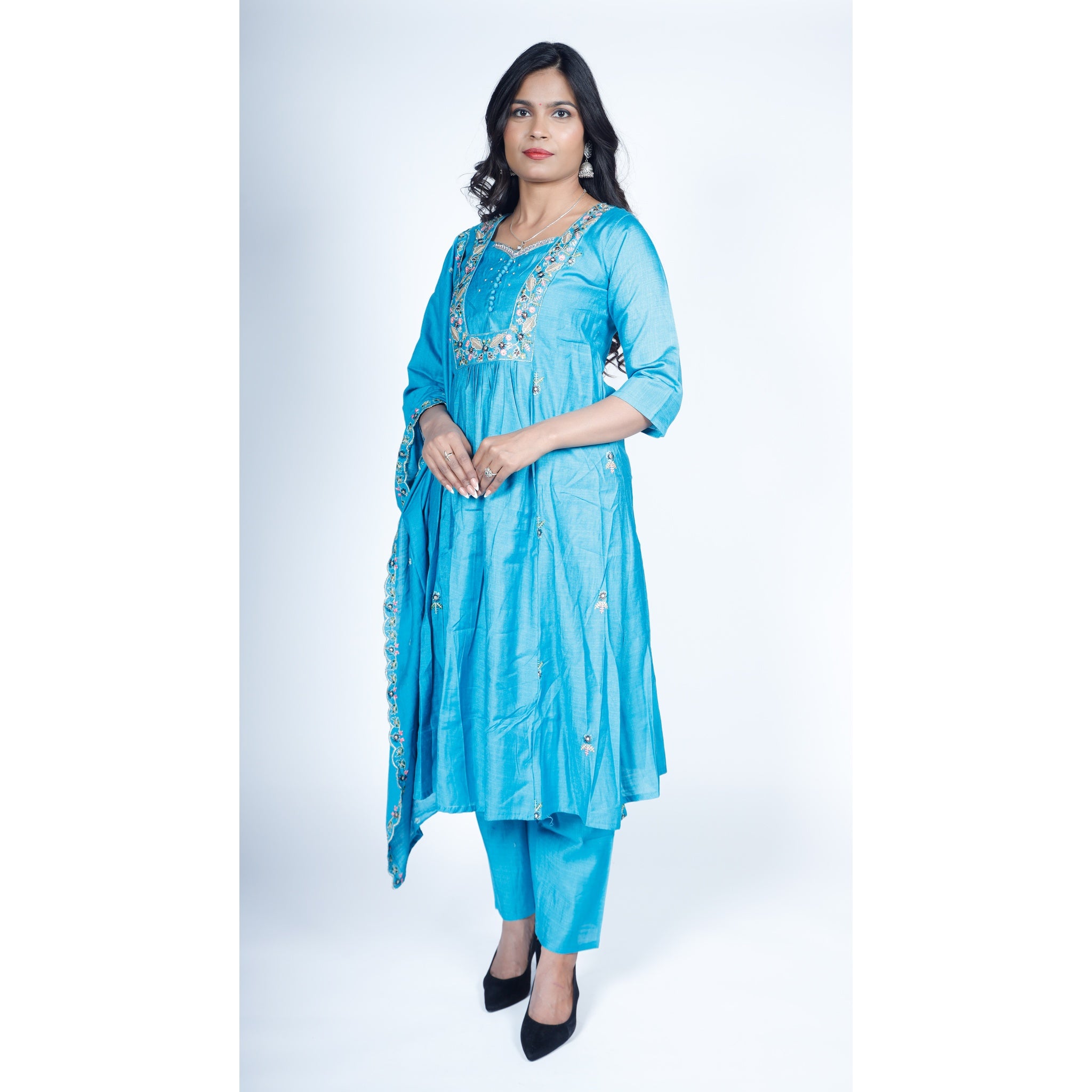 Sky Blue Silk Anarkali Suit with Scalloped Embroidered Dupatta