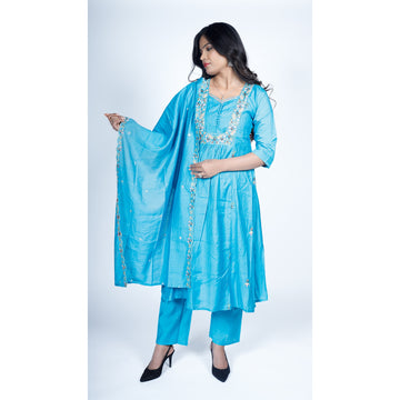 Sky Blue Silk Anarkali Suit with Scalloped Embroidered Dupatta