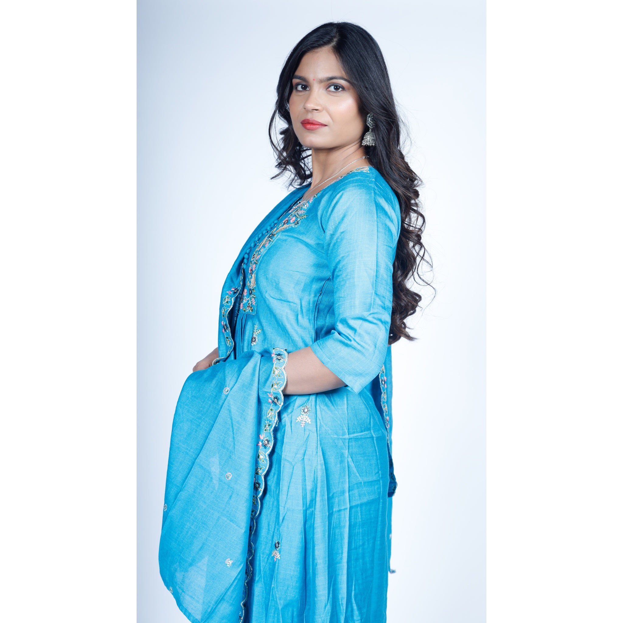 Sky Blue Silk Anarkali Suit with Scalloped Embroidered Dupatta