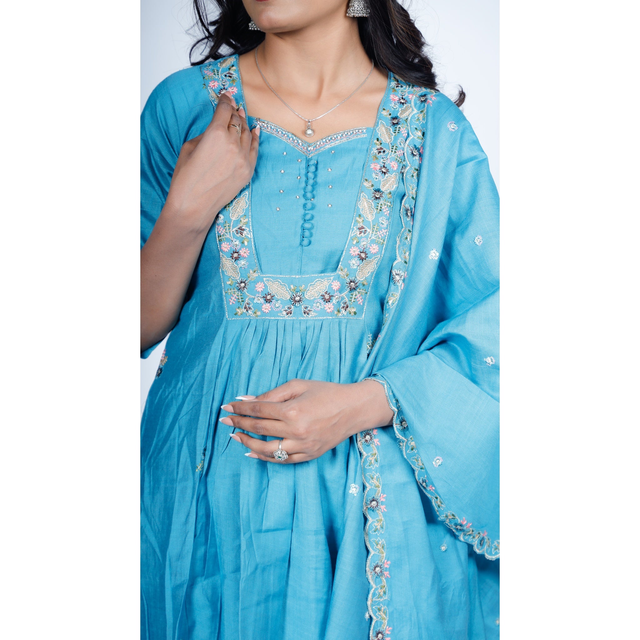 Sky Blue Silk Anarkali Suit with Scalloped Embroidered Dupatta