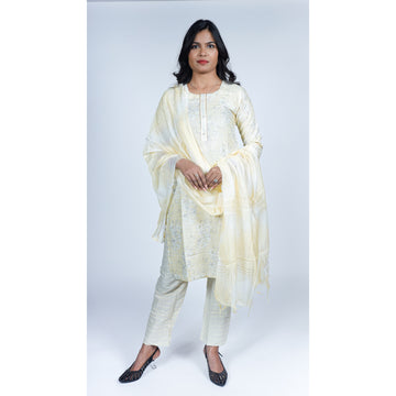 Pale Yellow Chanderi Silk 3-Piece Suit with Silver Gota Patti Details