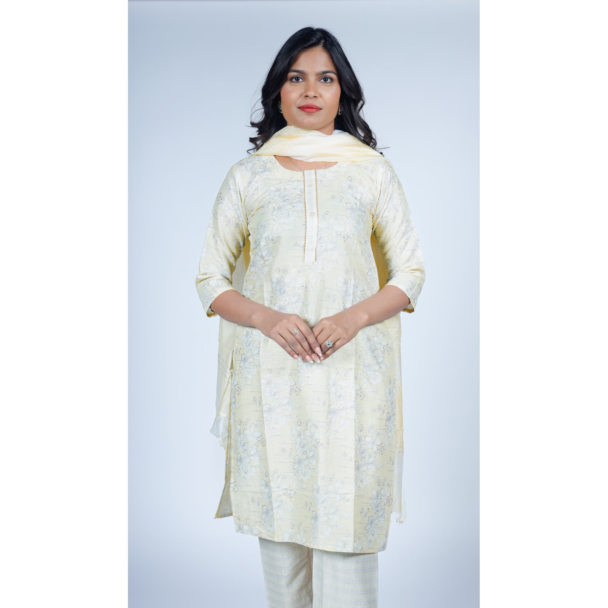 Pale Yellow Chanderi Silk 3-Piece Suit with Silver Gota Patti Details