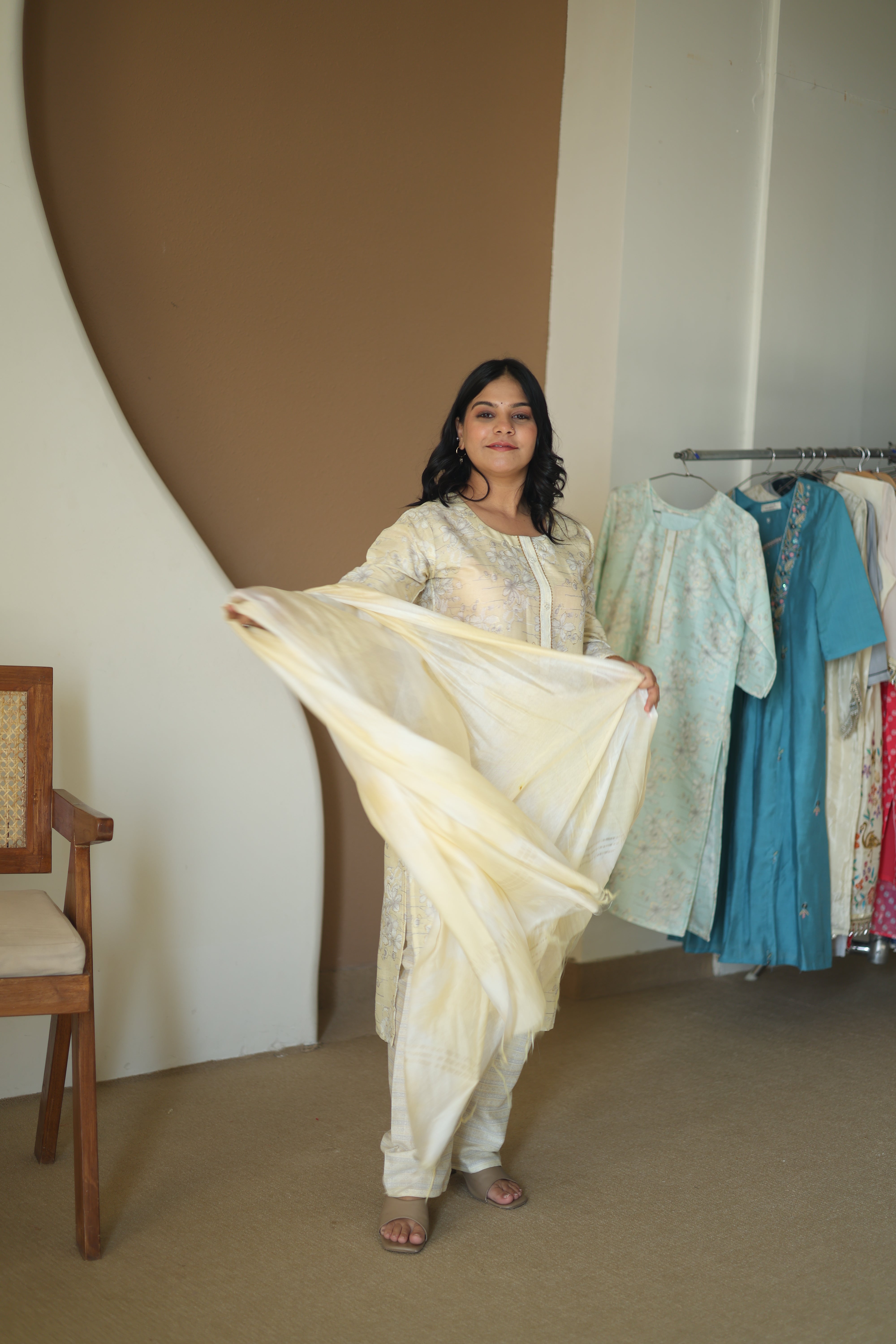 Sunshine Yellow Floral Chanderi Silk Suit with Shimmering Zari Tissue Dupatta