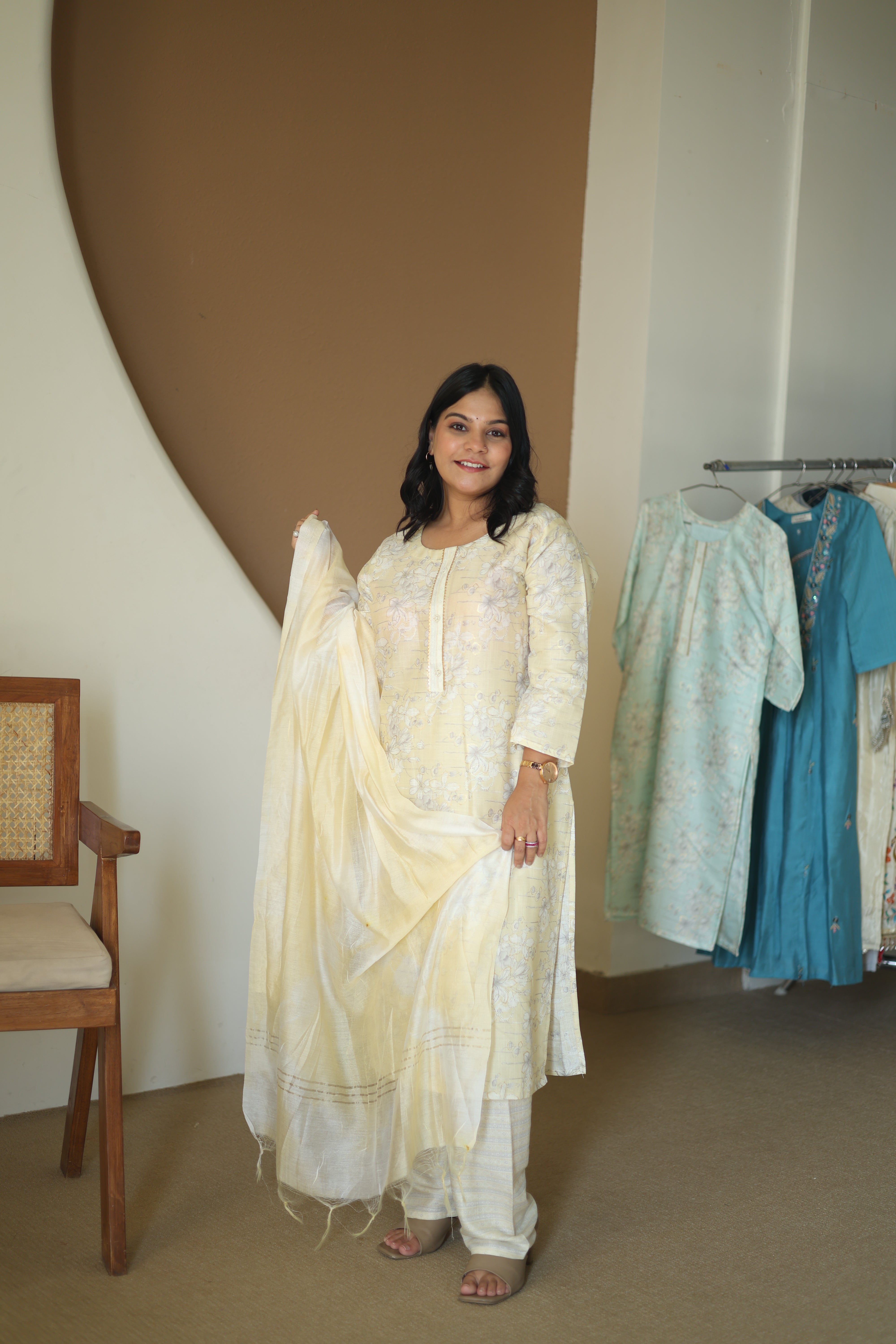 Sunshine Yellow Floral Chanderi Silk Suit with Shimmering Zari Tissue Dupatta