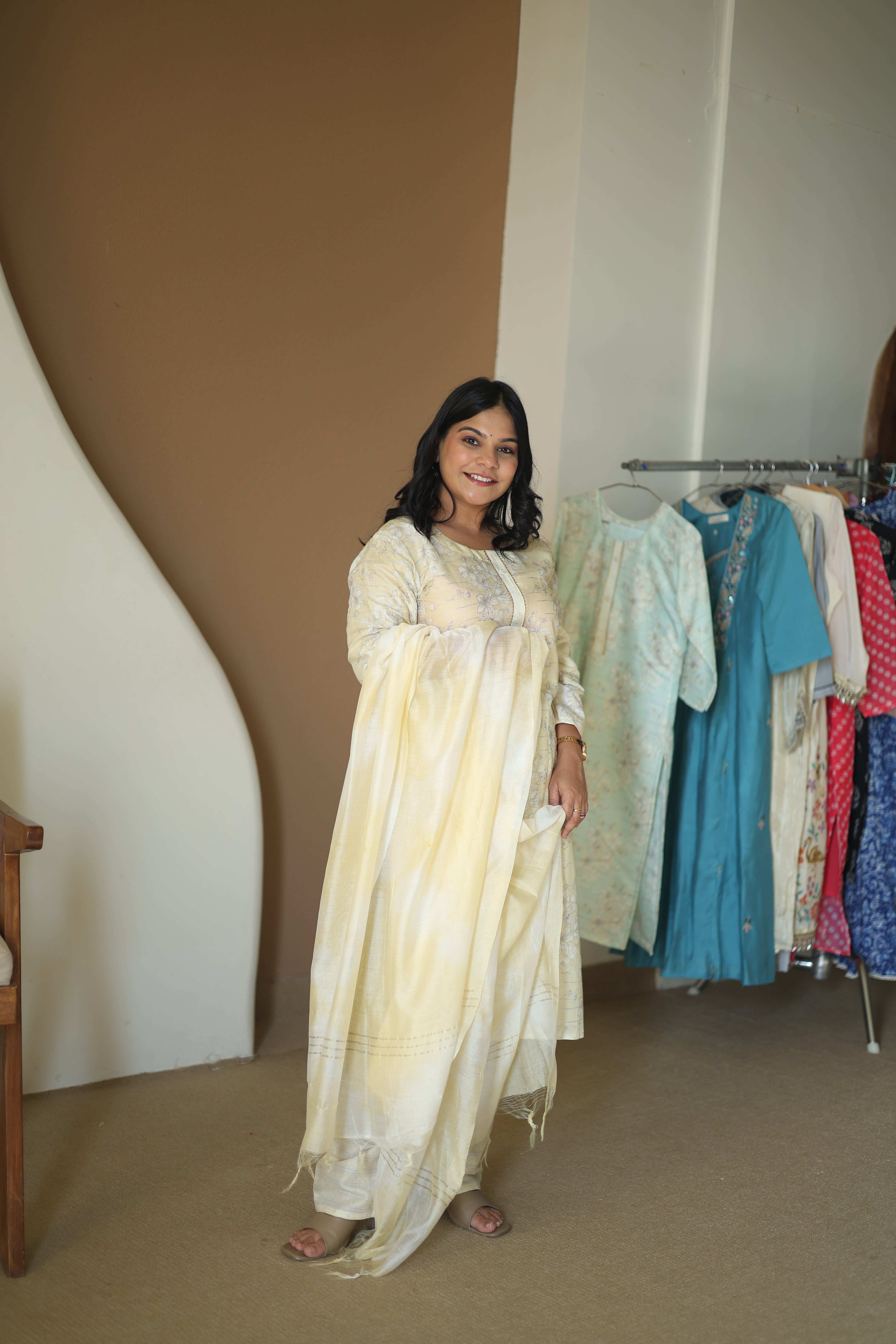 Sunshine Yellow Floral Chanderi Silk Suit with Shimmering Zari Tissue Dupatta