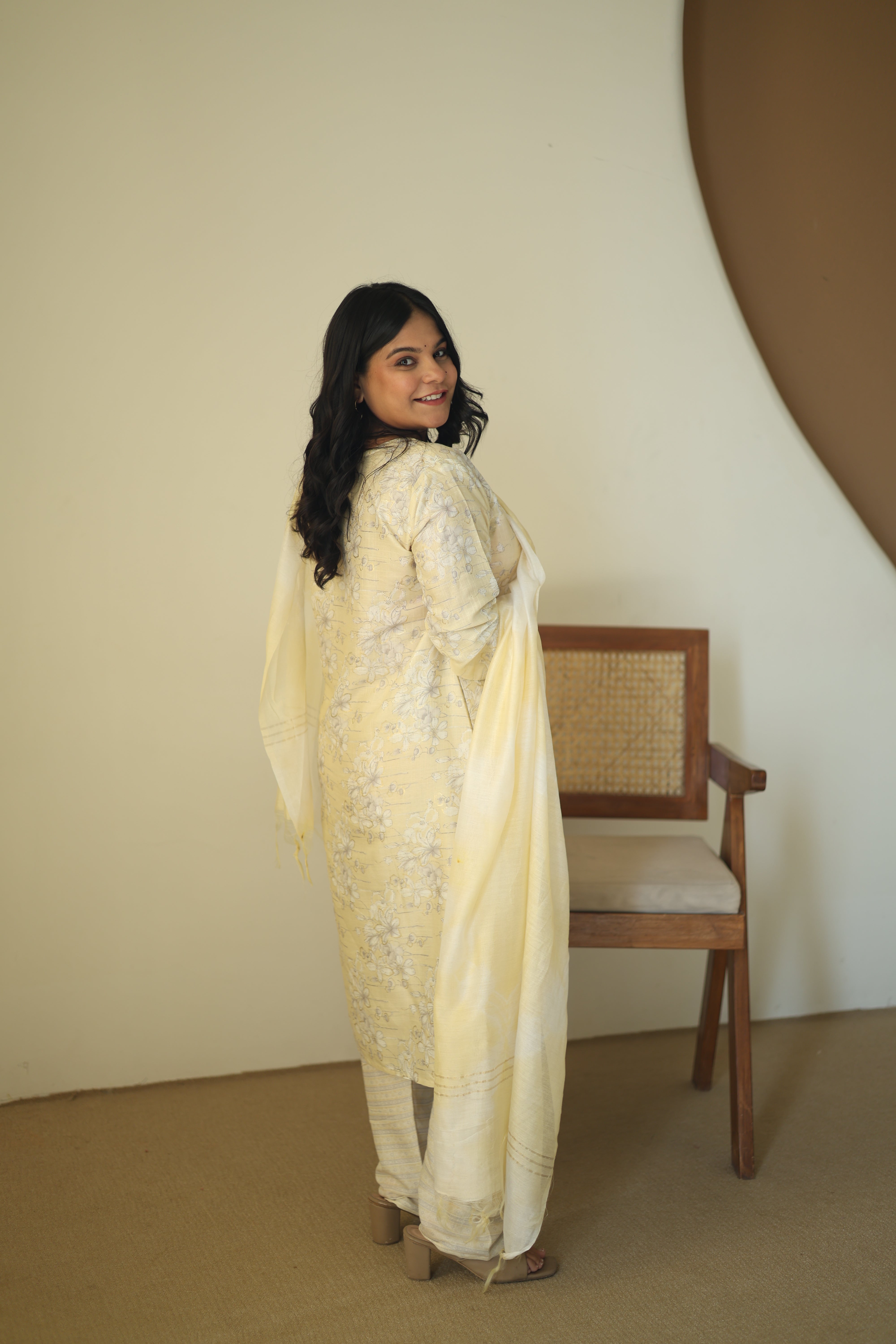 Sunshine Yellow Floral Chanderi Silk Suit with Shimmering Zari Tissue Dupatta