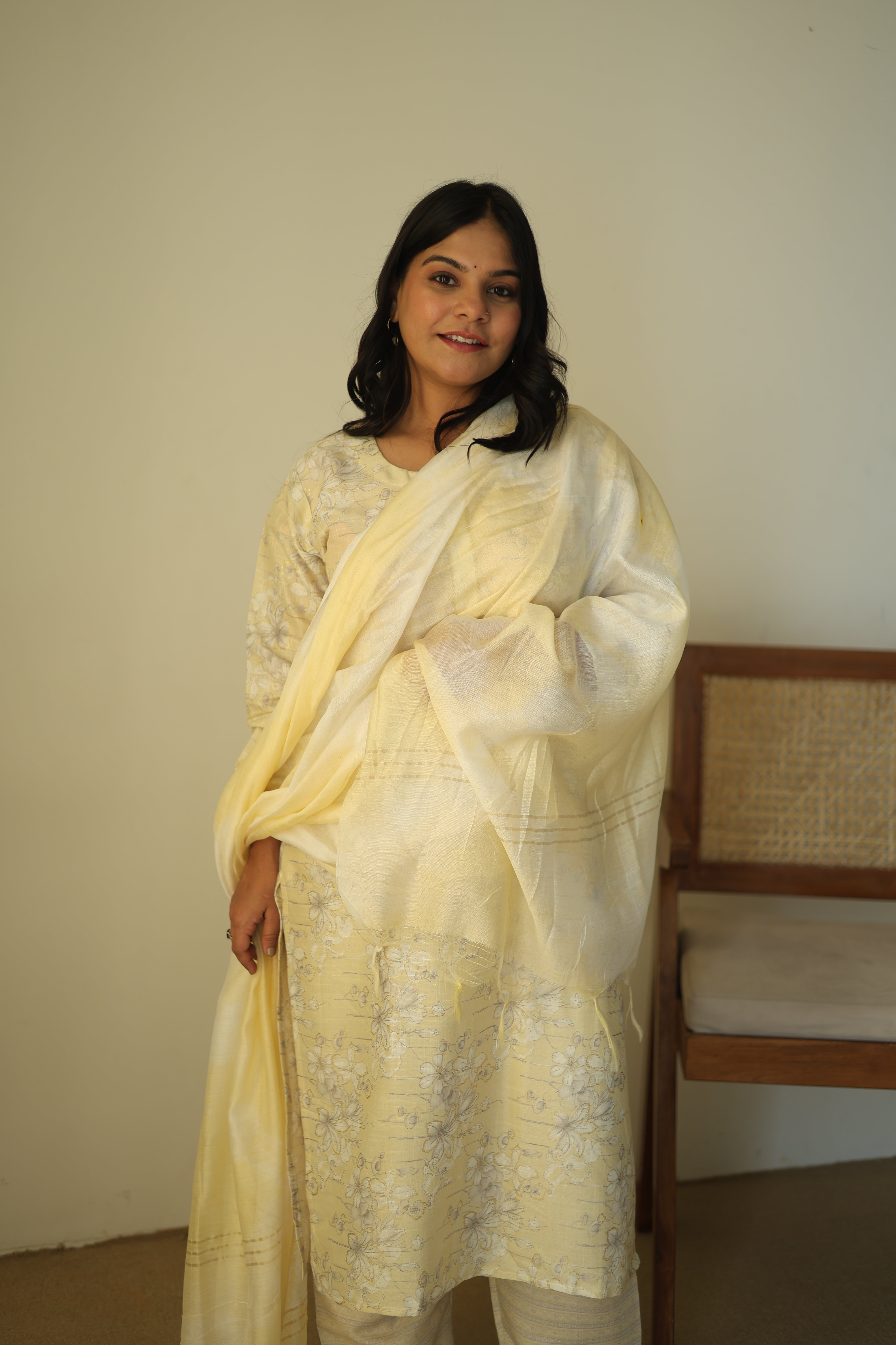 Sunshine Yellow Floral Chanderi Silk Suit with Shimmering Zari Tissue Dupatta