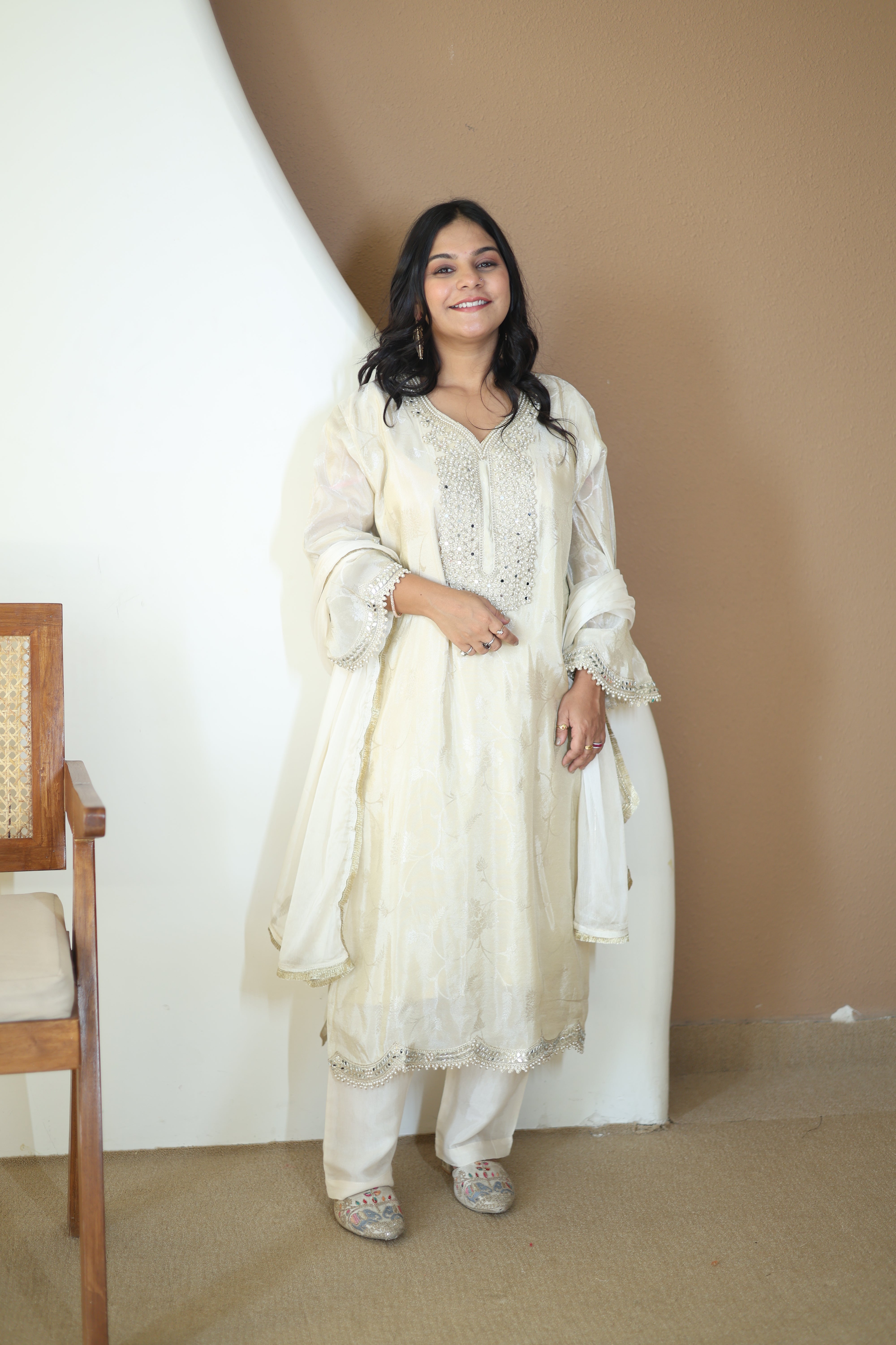 Mauve Floral Silk Kurta Pant Set with Organza Dupatta