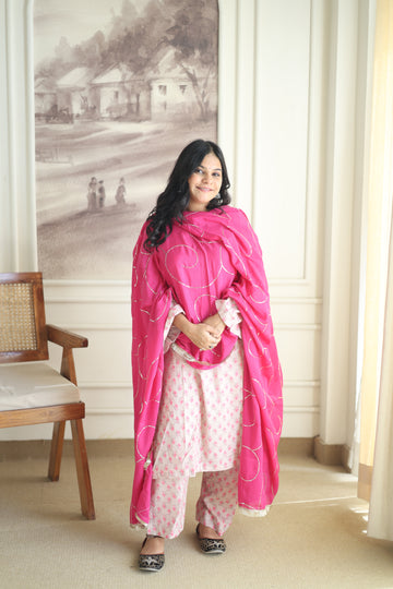 Powder Blue Floral Cotton Kurta Pant Set with Scalloped Dupatta