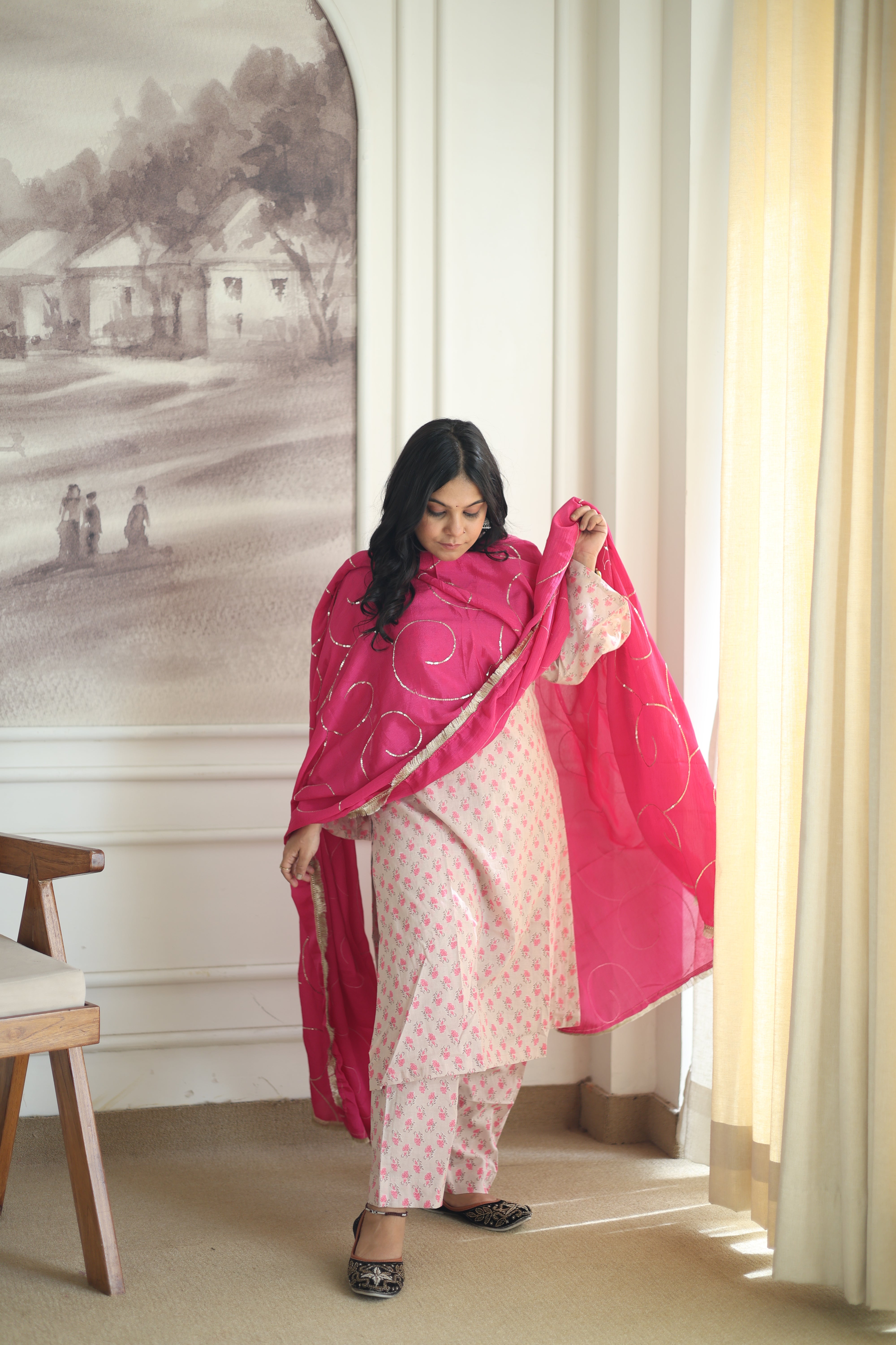 Powder Blue Floral Cotton Kurta Pant Set with Scalloped Dupatta