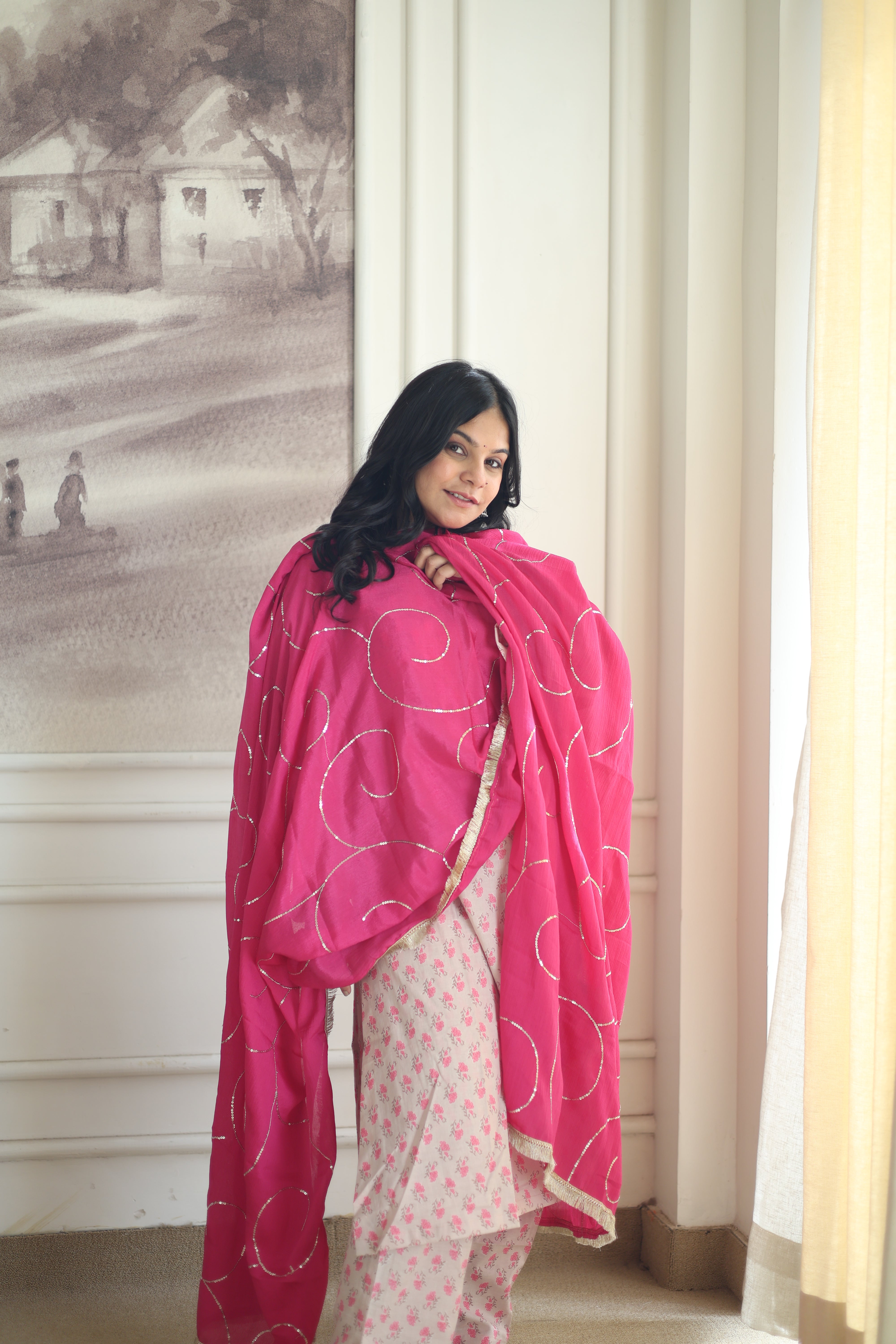 Powder Blue Floral Cotton Kurta Pant Set with Scalloped Dupatta