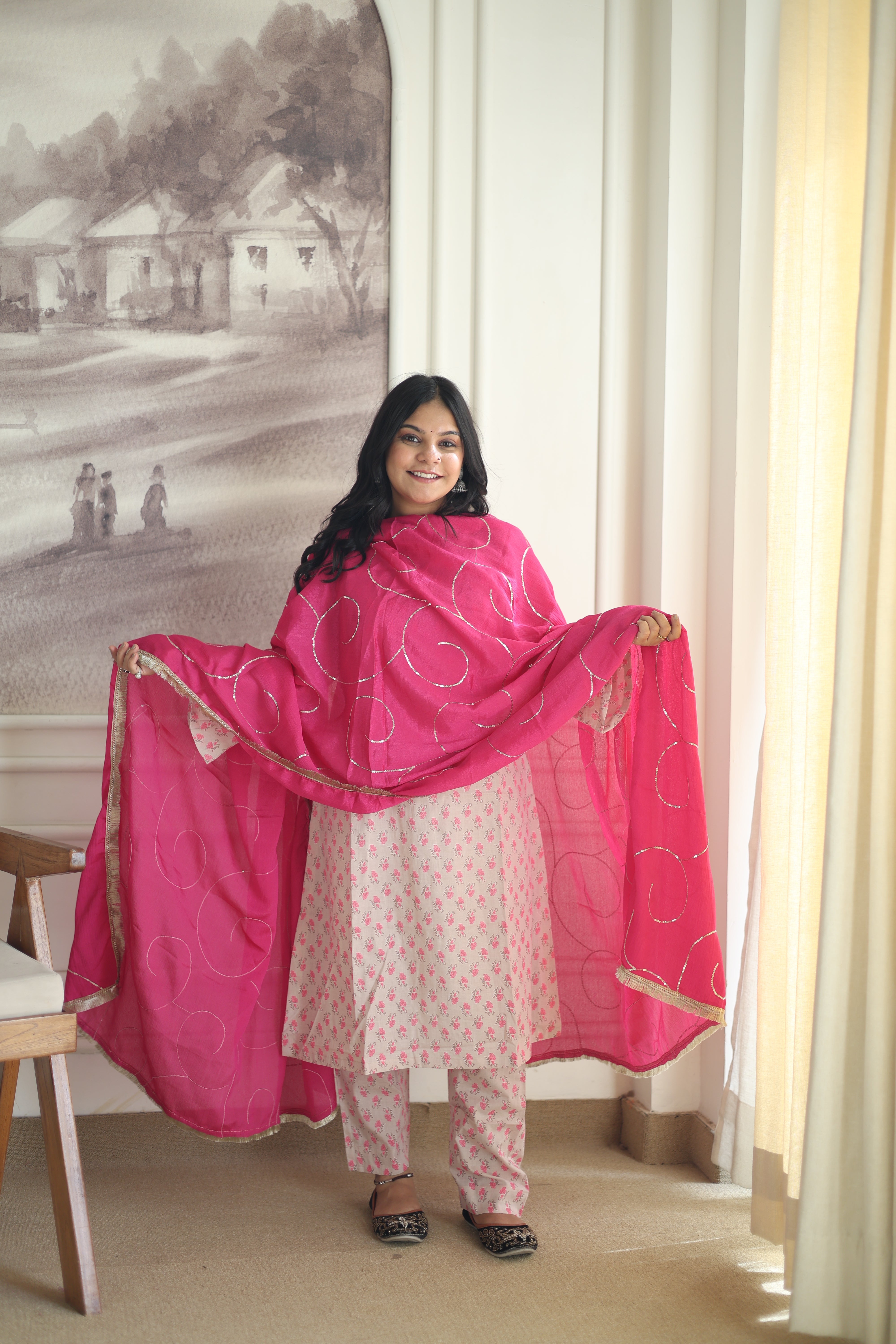 Powder Blue Floral Cotton Kurta Pant Set with Scalloped Dupatta