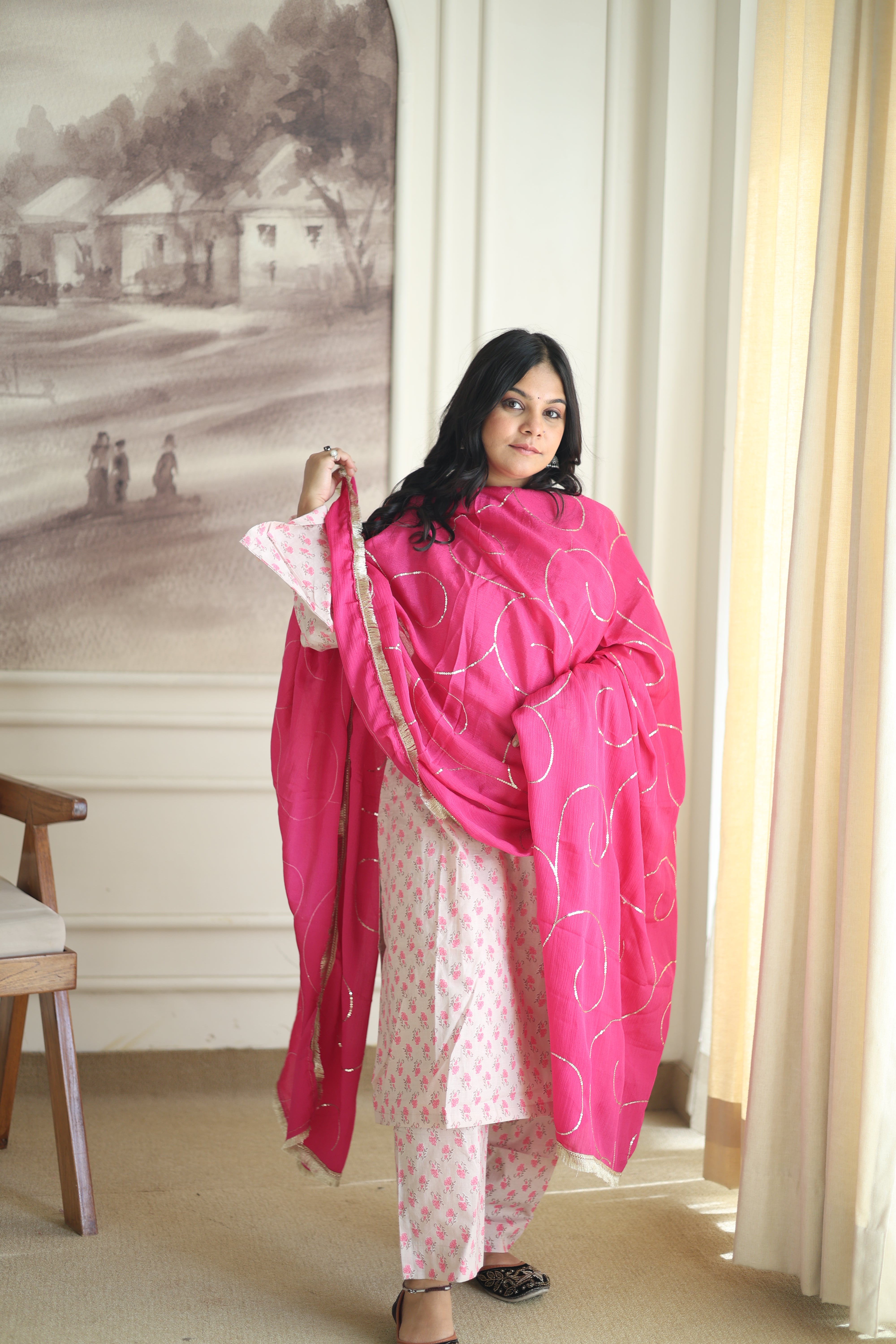 Powder Blue Floral Cotton Kurta Pant Set with Scalloped Dupatta