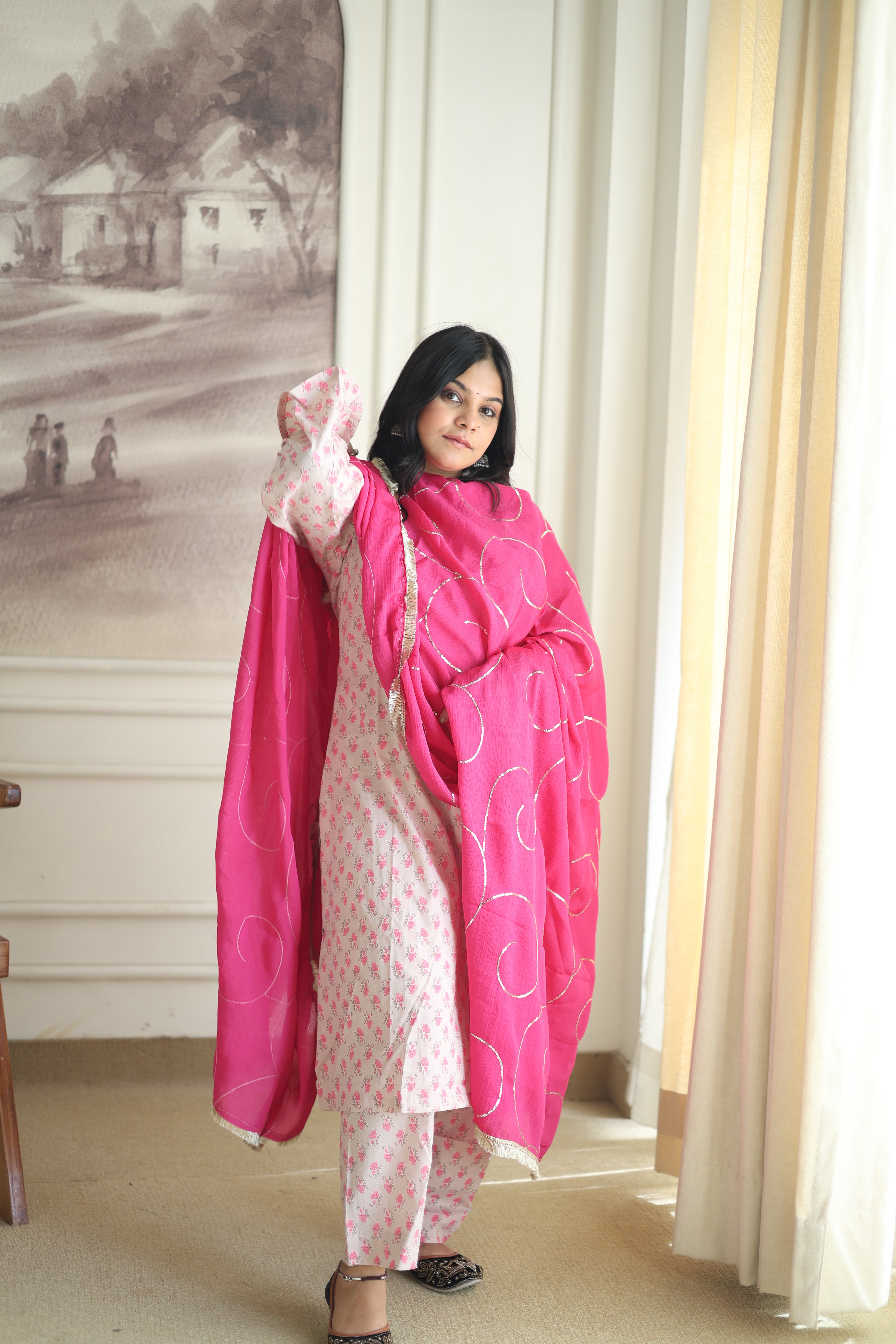 Powder Blue Floral Cotton Kurta Pant Set with Scalloped Dupatta