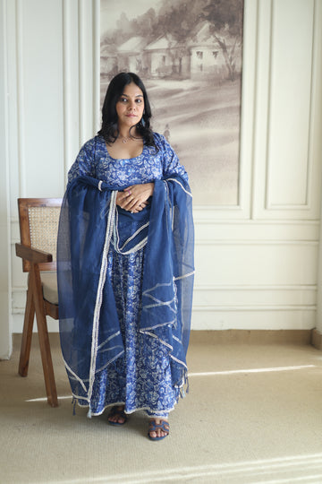 Indigo Blue Floral Anarkali Set with Navy Cotton Dupatta
