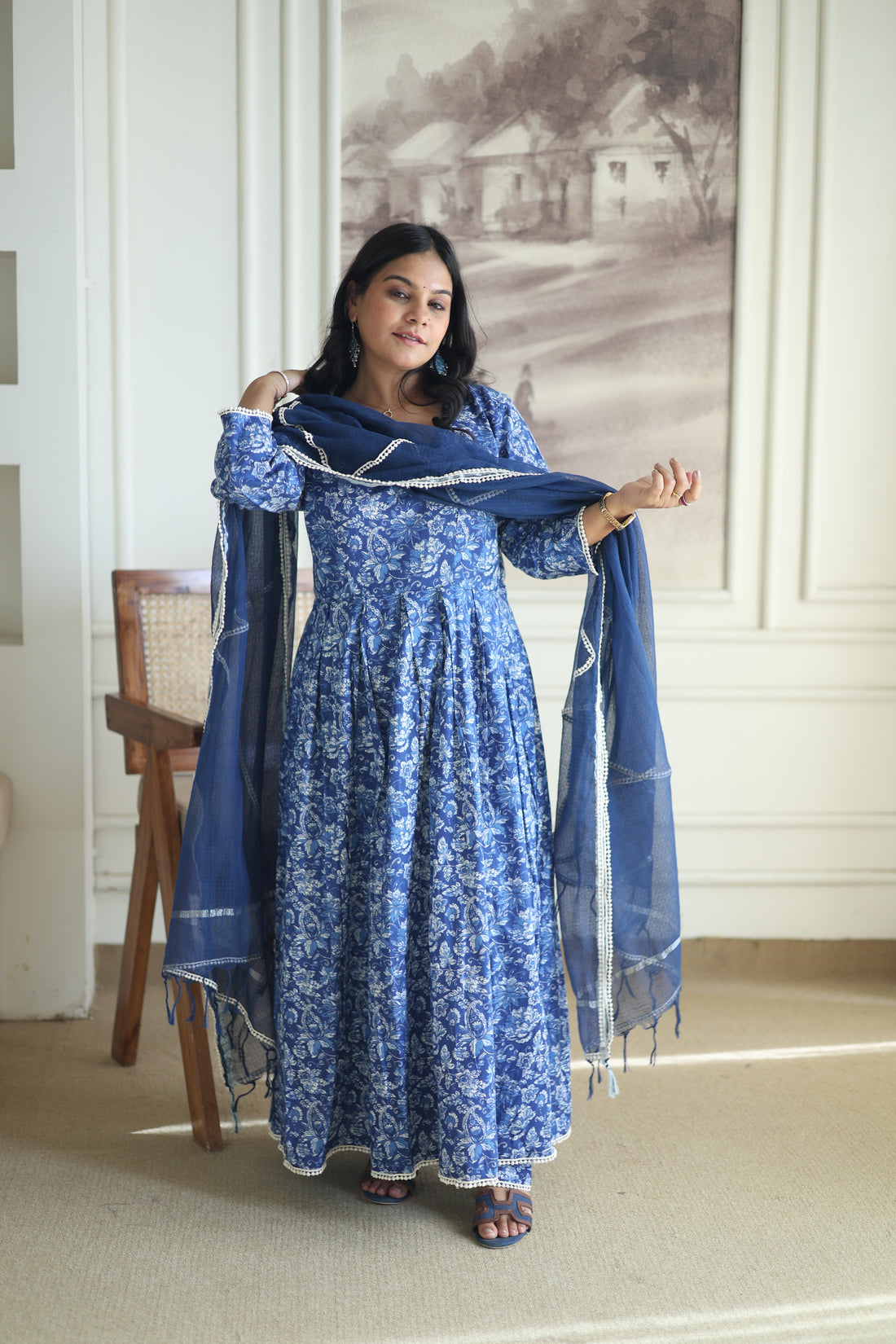 Indigo Blue Floral Anarkali Set with Navy Cotton Dupatta