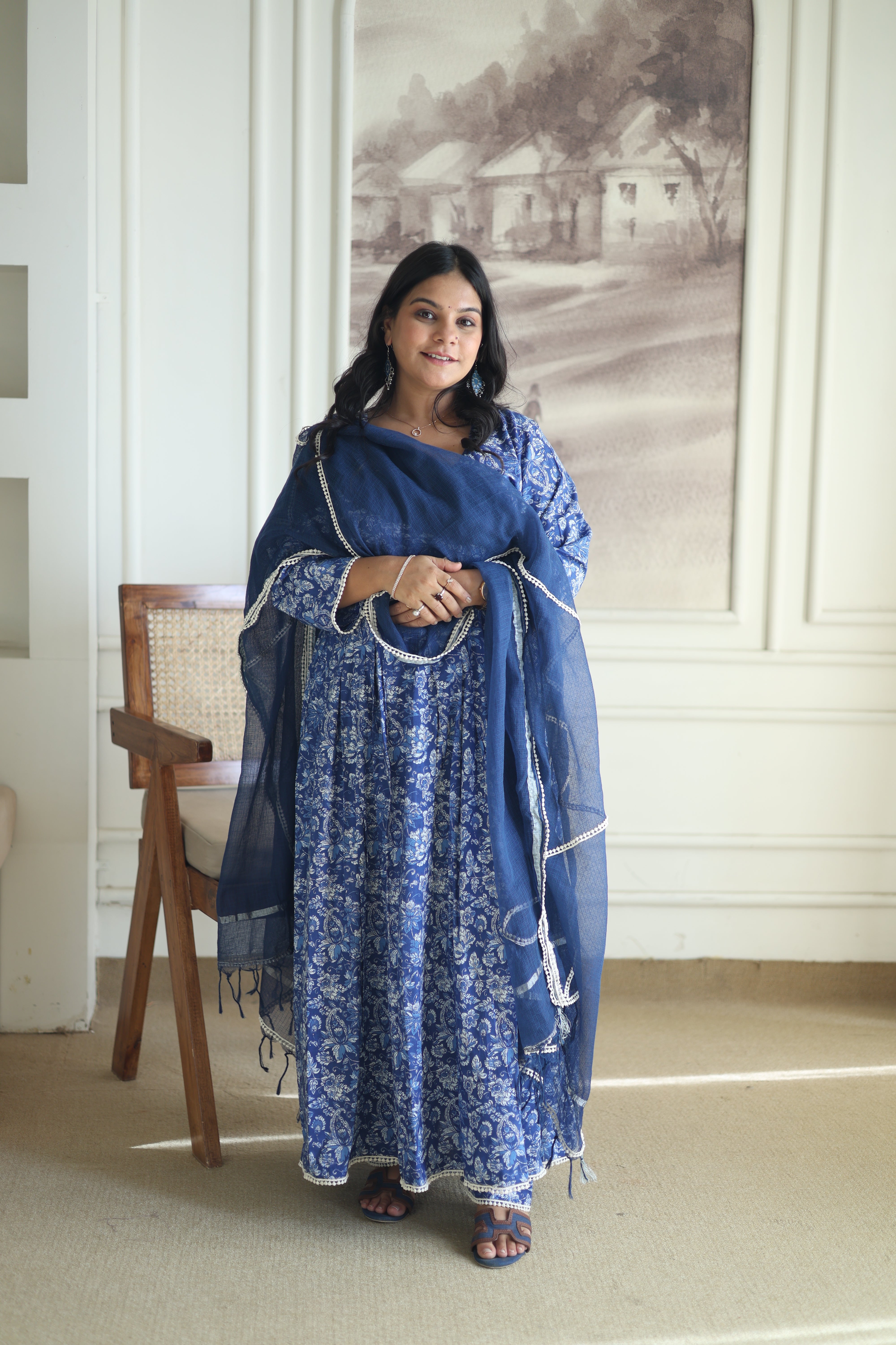 Indigo Blue Floral Anarkali Set with Navy Cotton Dupatta