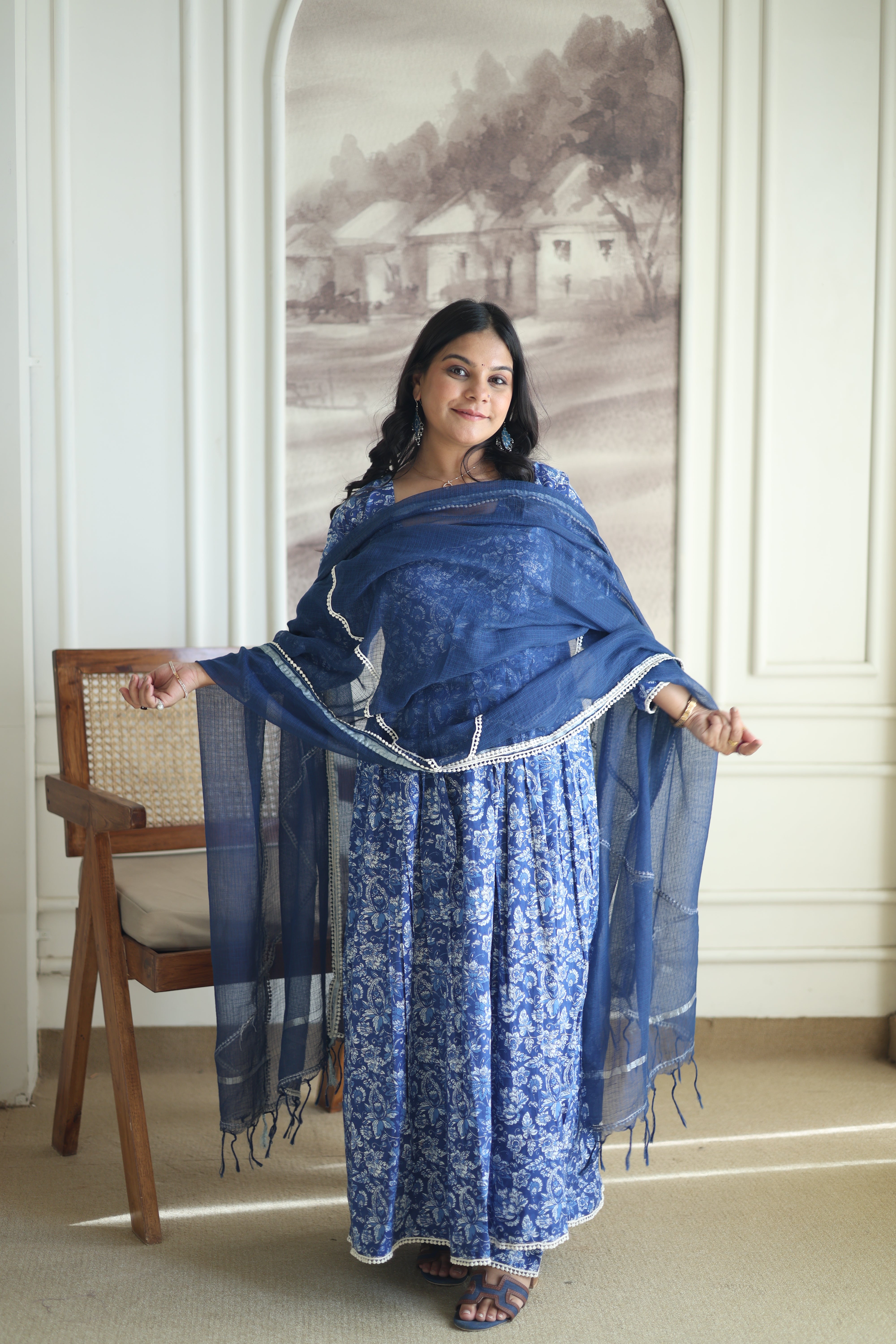 Indigo Blue Floral Anarkali Set with Navy Cotton Dupatta