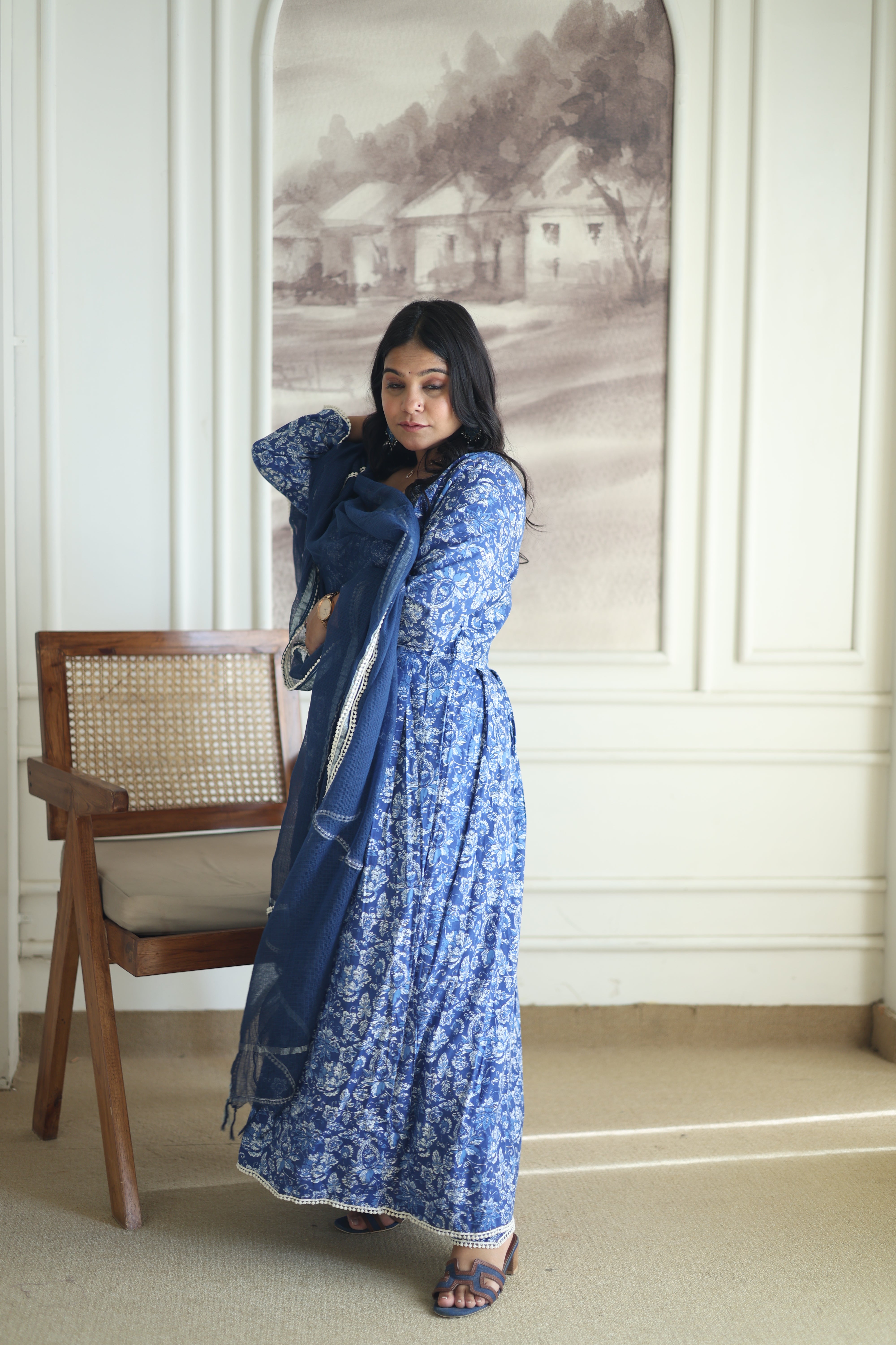 Indigo Blue Floral Anarkali Set with Navy Cotton Dupatta