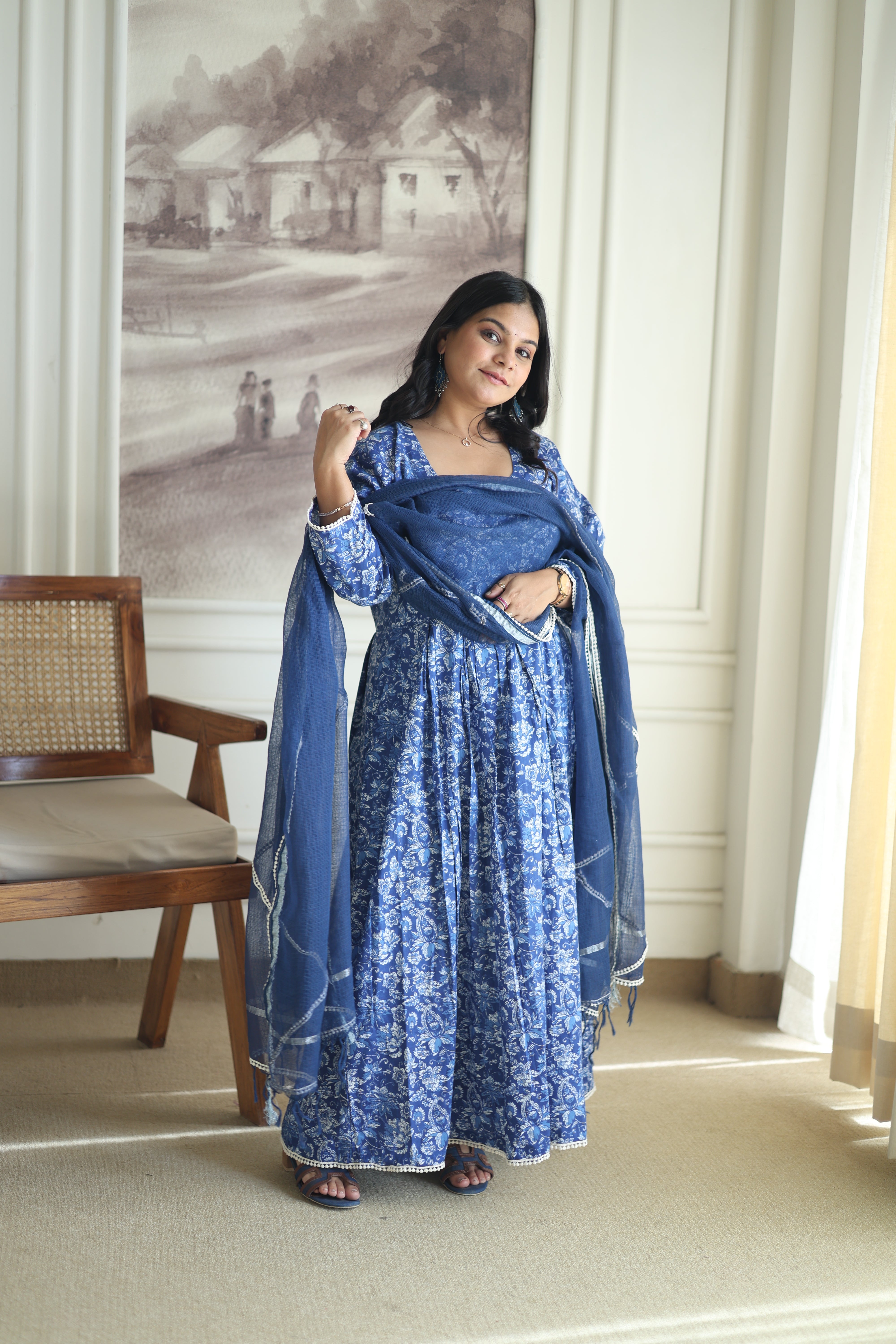 Indigo Blue Floral Anarkali Set with Navy Cotton Dupatta