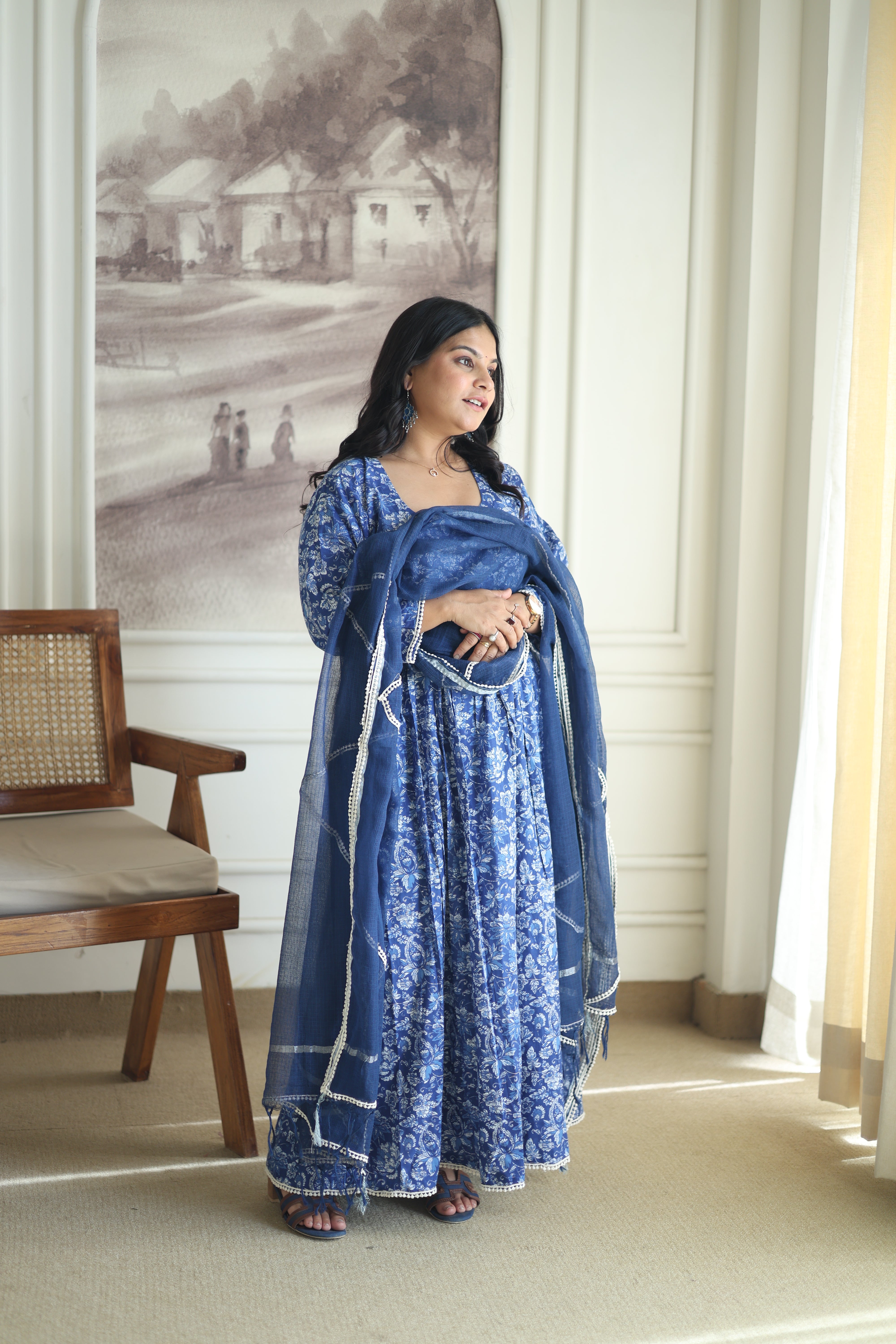 Indigo Blue Floral Anarkali Set with Navy Cotton Dupatta