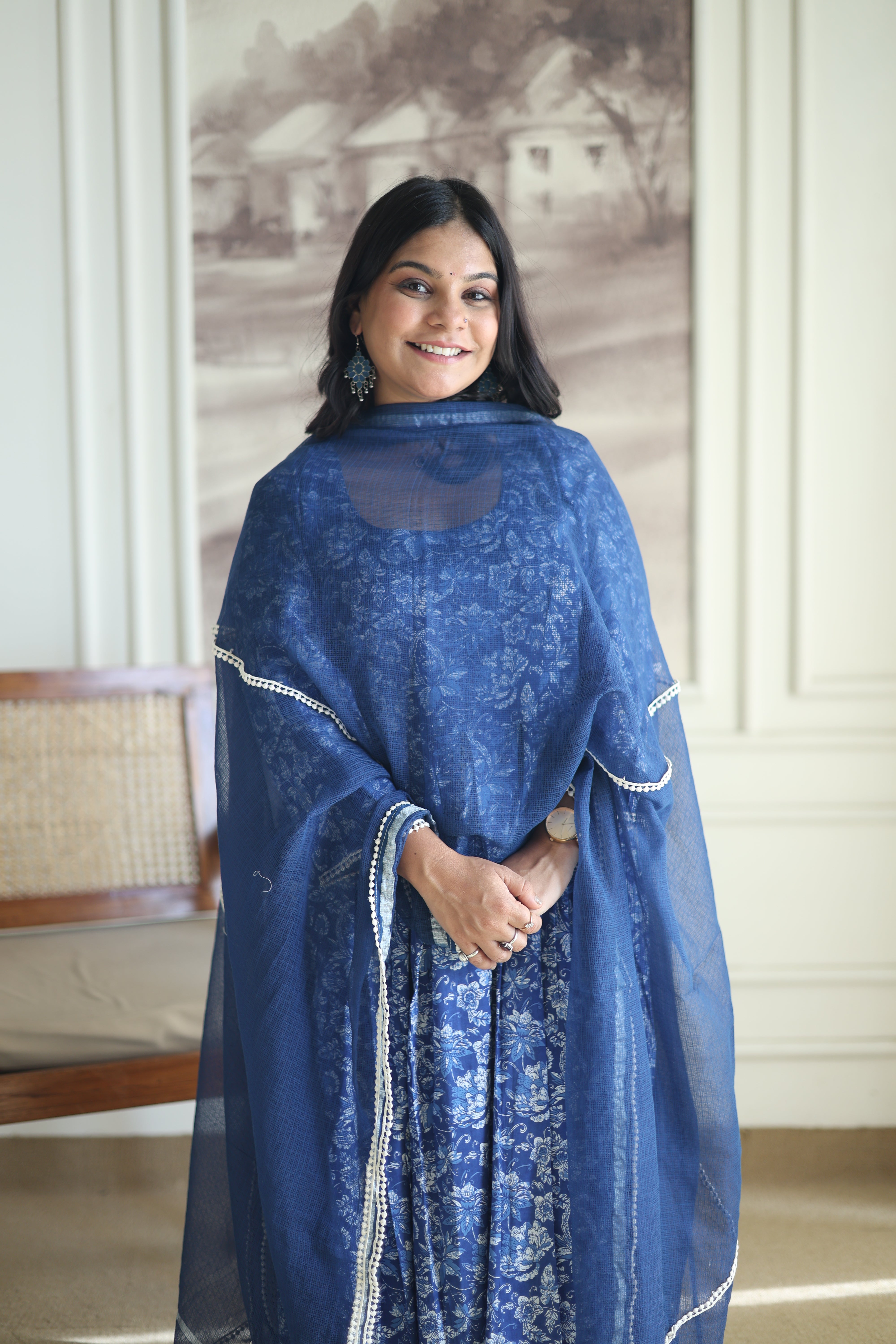 Indigo Blue Floral Anarkali Set with Navy Cotton Dupatta