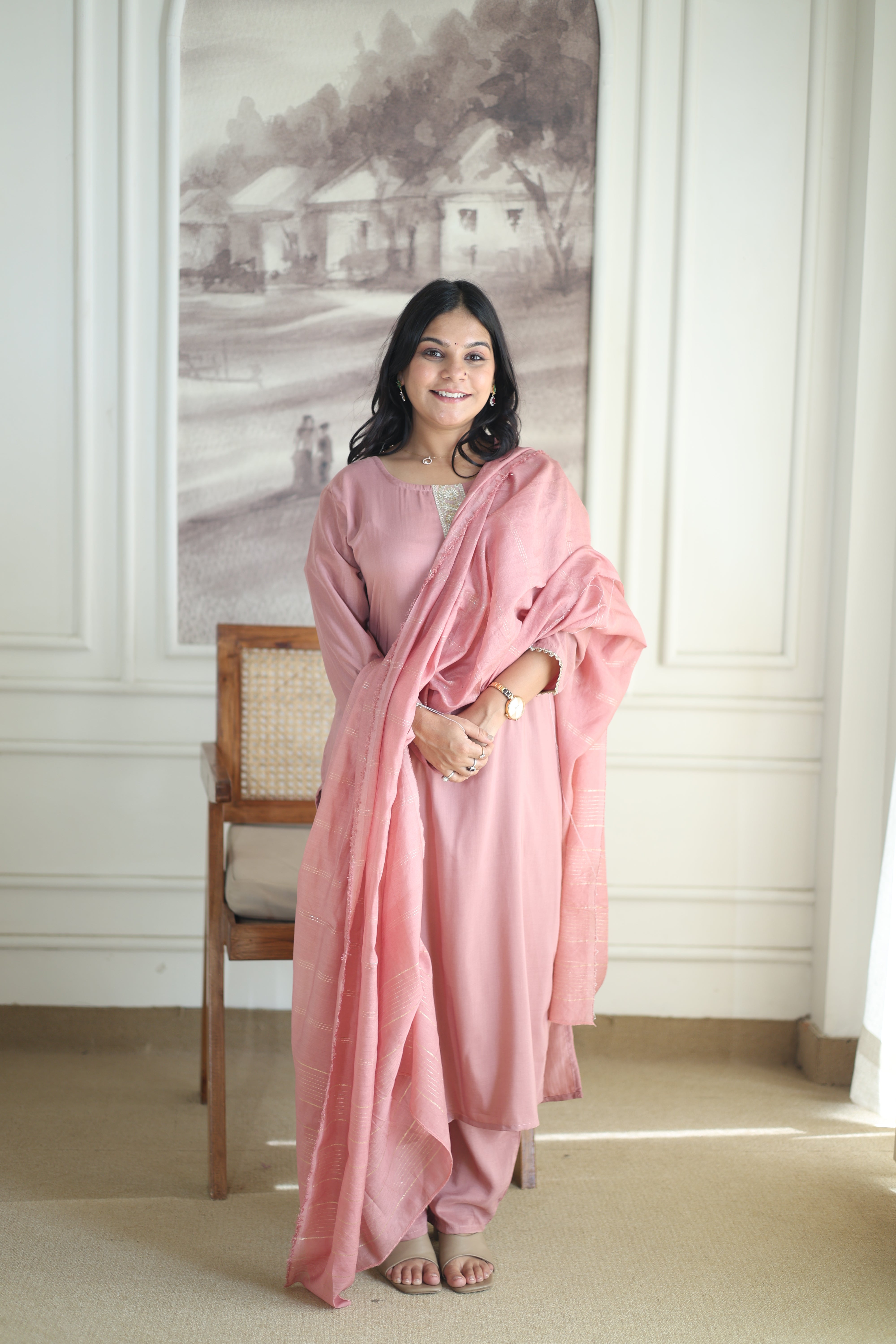 Dusty Rose Chanderi Silk Suit with Zari Border Dupatta