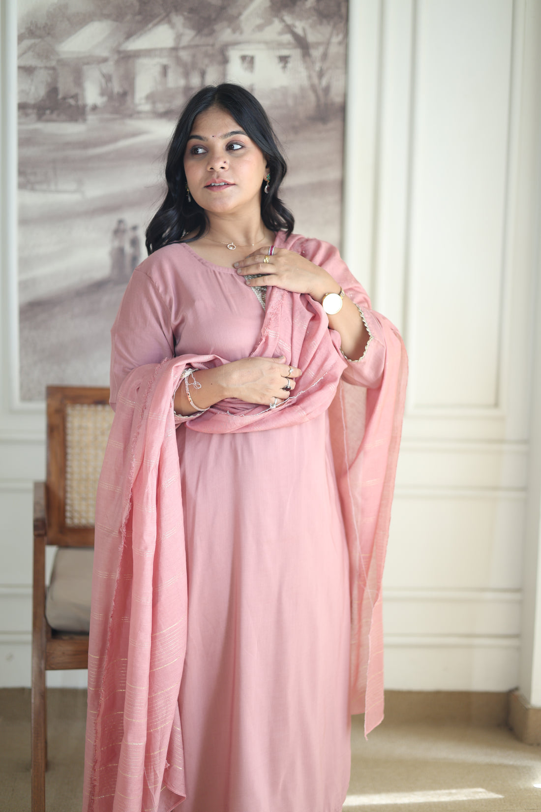 Dusty Rose Chanderi Silk Suit with Zari Border Dupatta