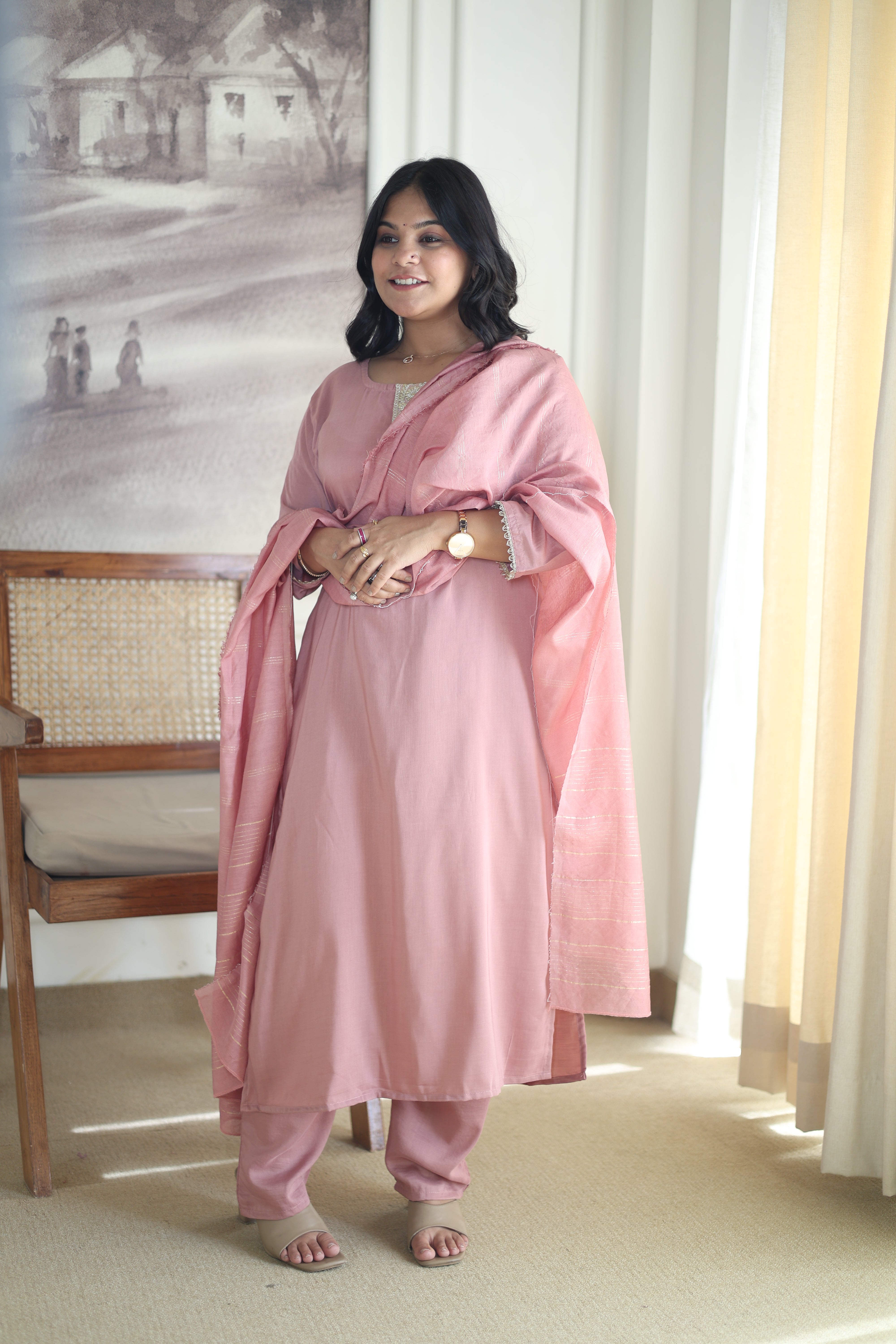 Dusty Rose Chanderi Silk Suit with Zari Border Dupatta