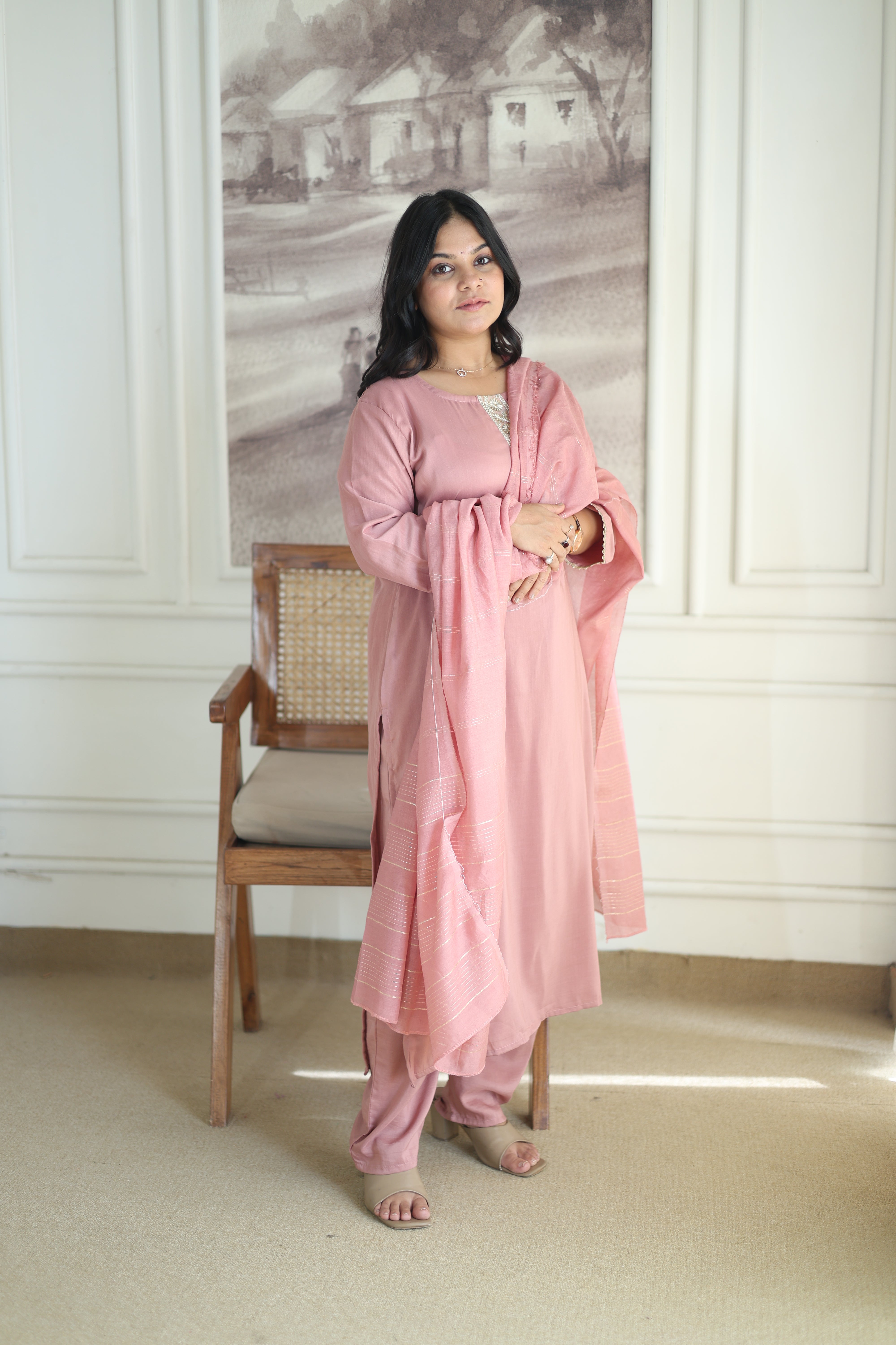Dusty Rose Chanderi Silk Suit with Zari Border Dupatta
