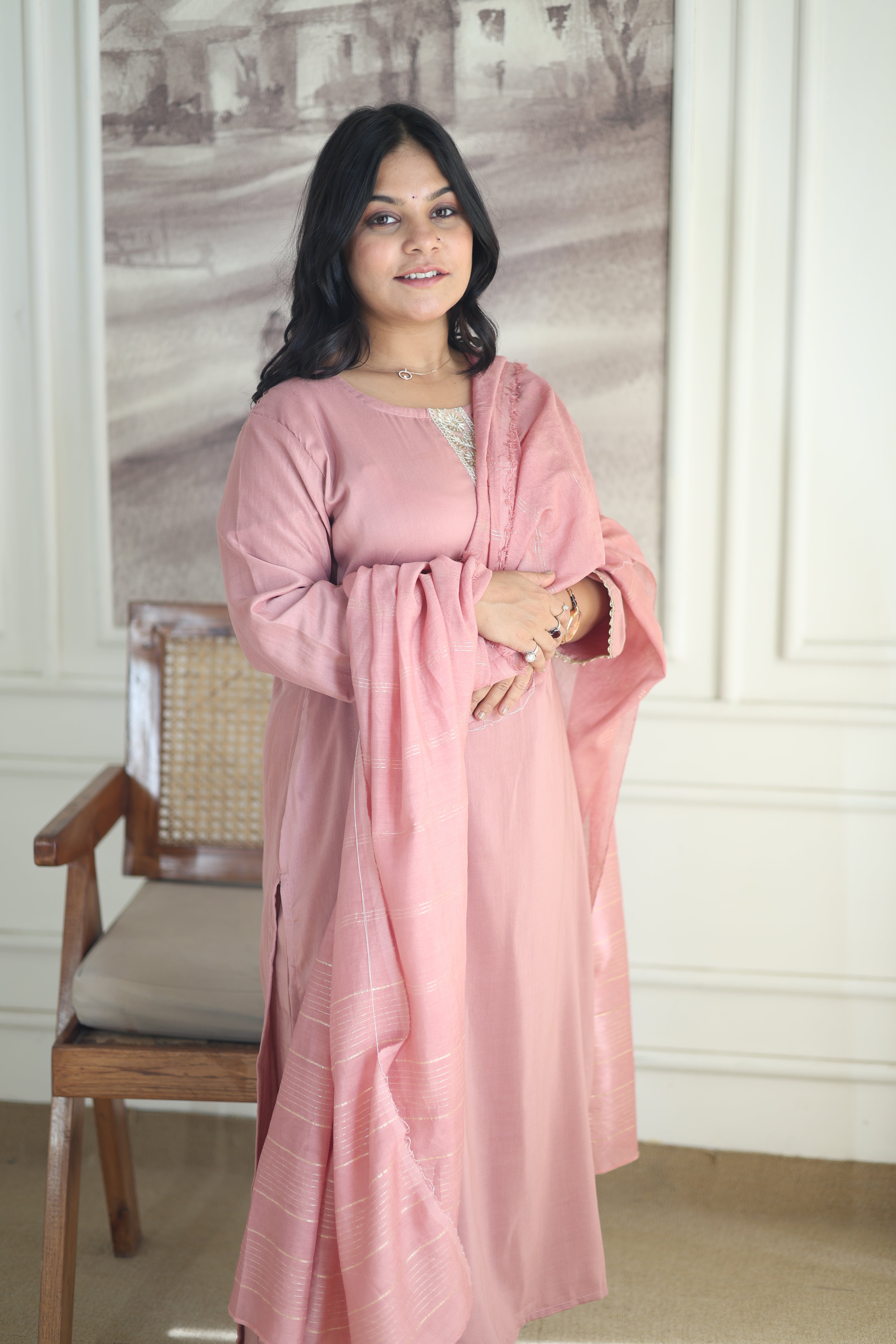 Dusty Rose Chanderi Silk Suit with Zari Border Dupatta