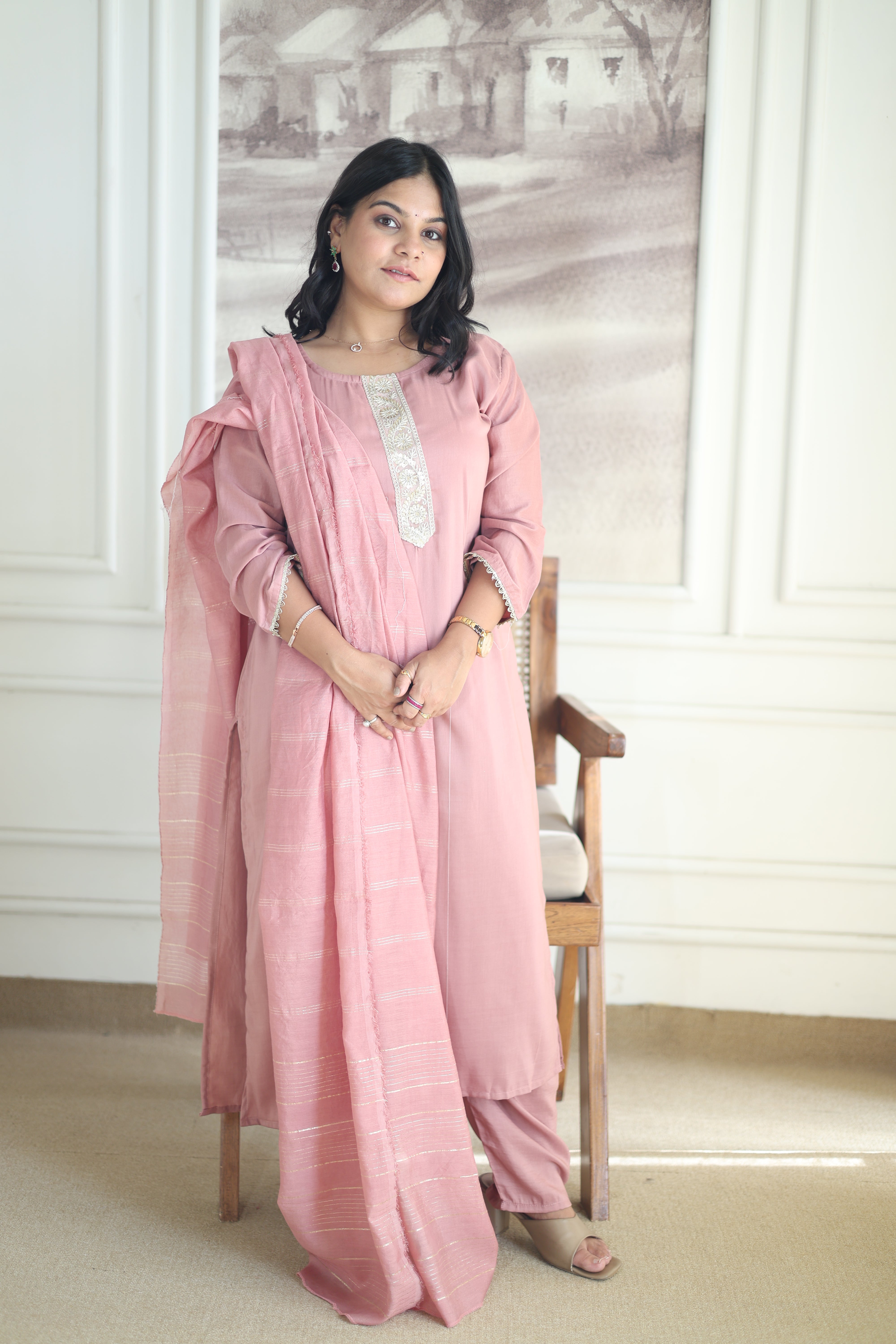 Dusty Rose Chanderi Silk Suit with Zari Border Dupatta