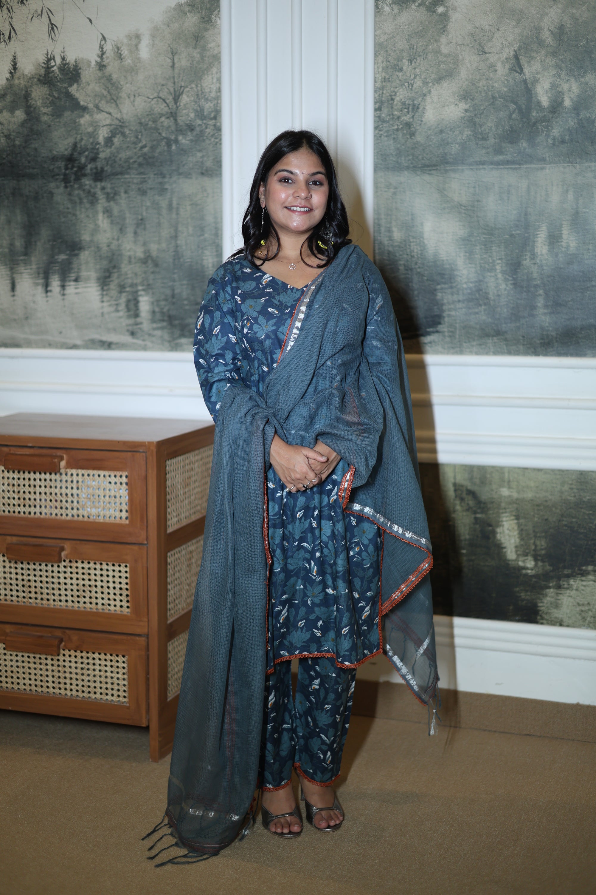 Aquamarine Floral Cotton Suit Set with Kota Dori Dupatta