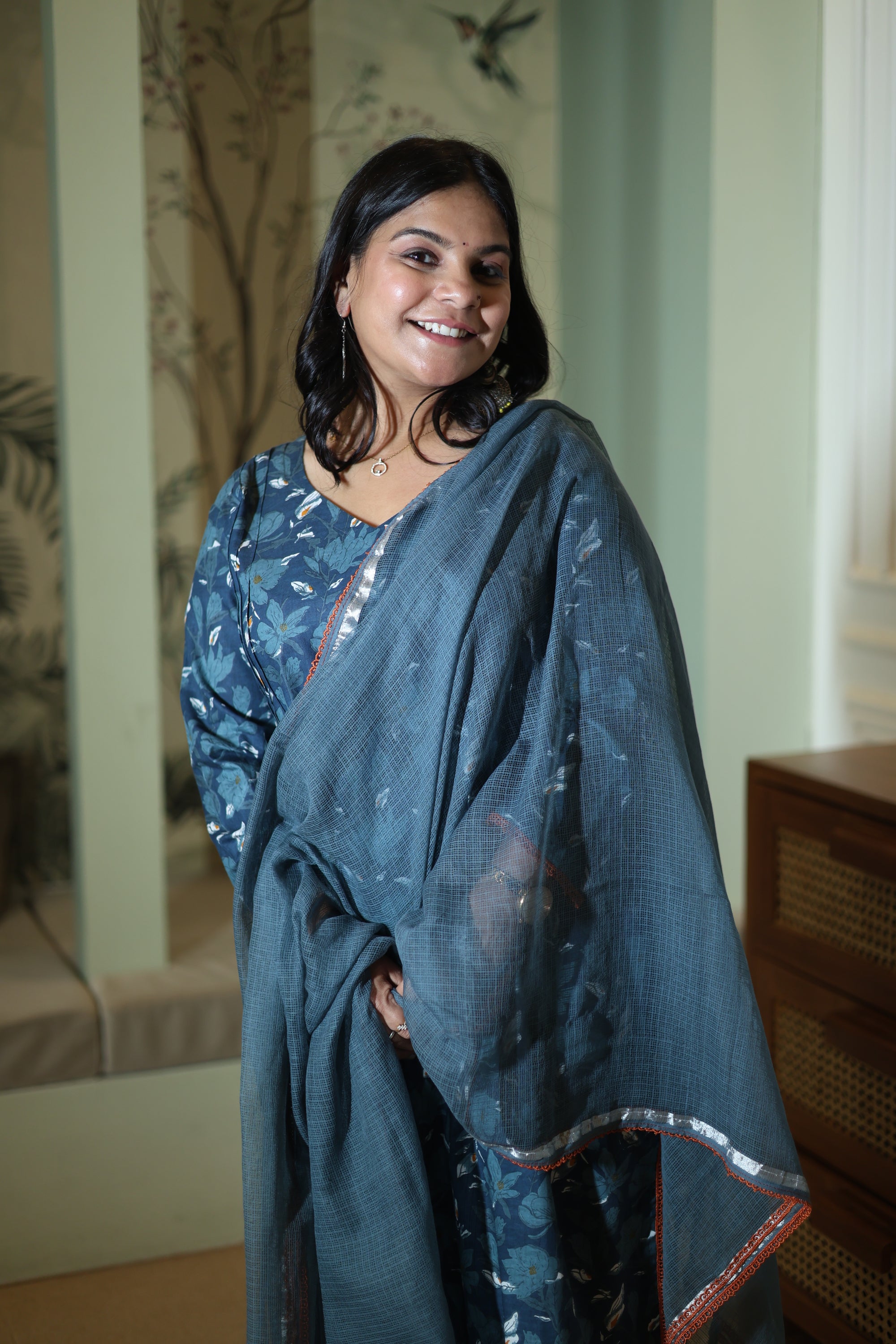 Aquamarine Floral Cotton Suit Set with Kota Dori Dupatta
