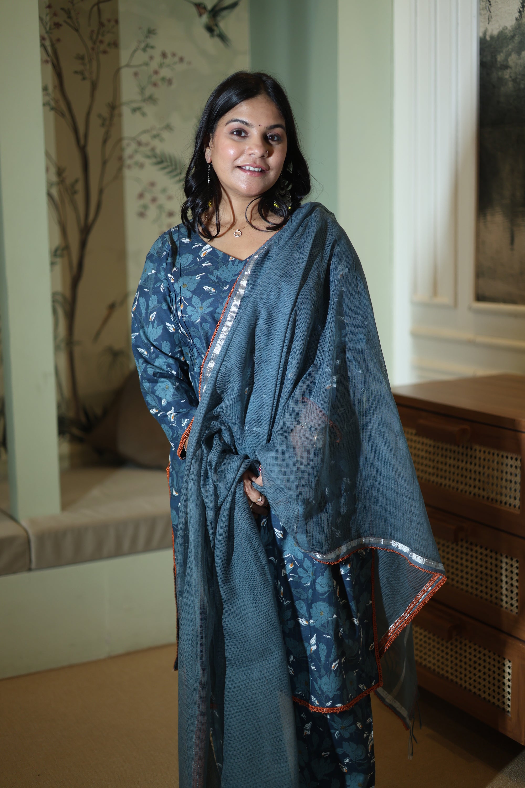 Aquamarine Floral Cotton Suit Set with Kota Dori Dupatta