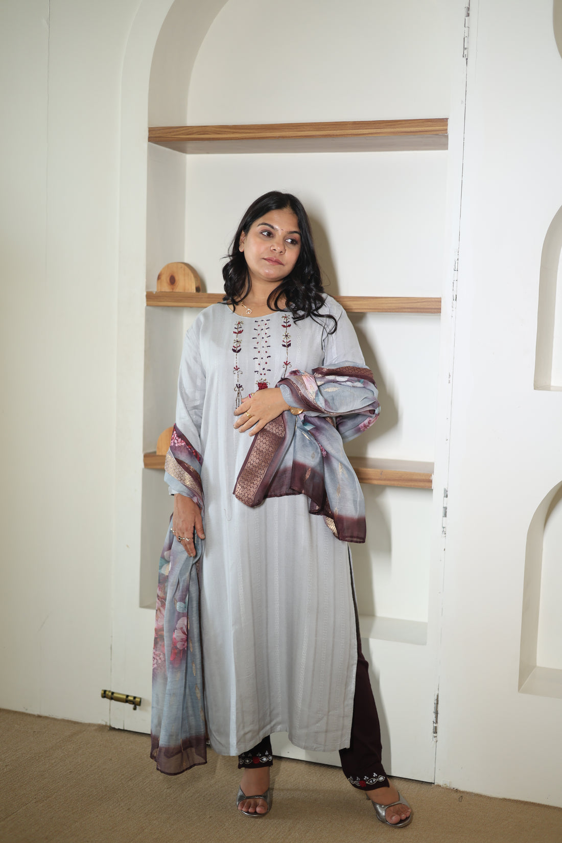 Powder Grey Embroidered Kurta Set with Floral Organza Dupatta
