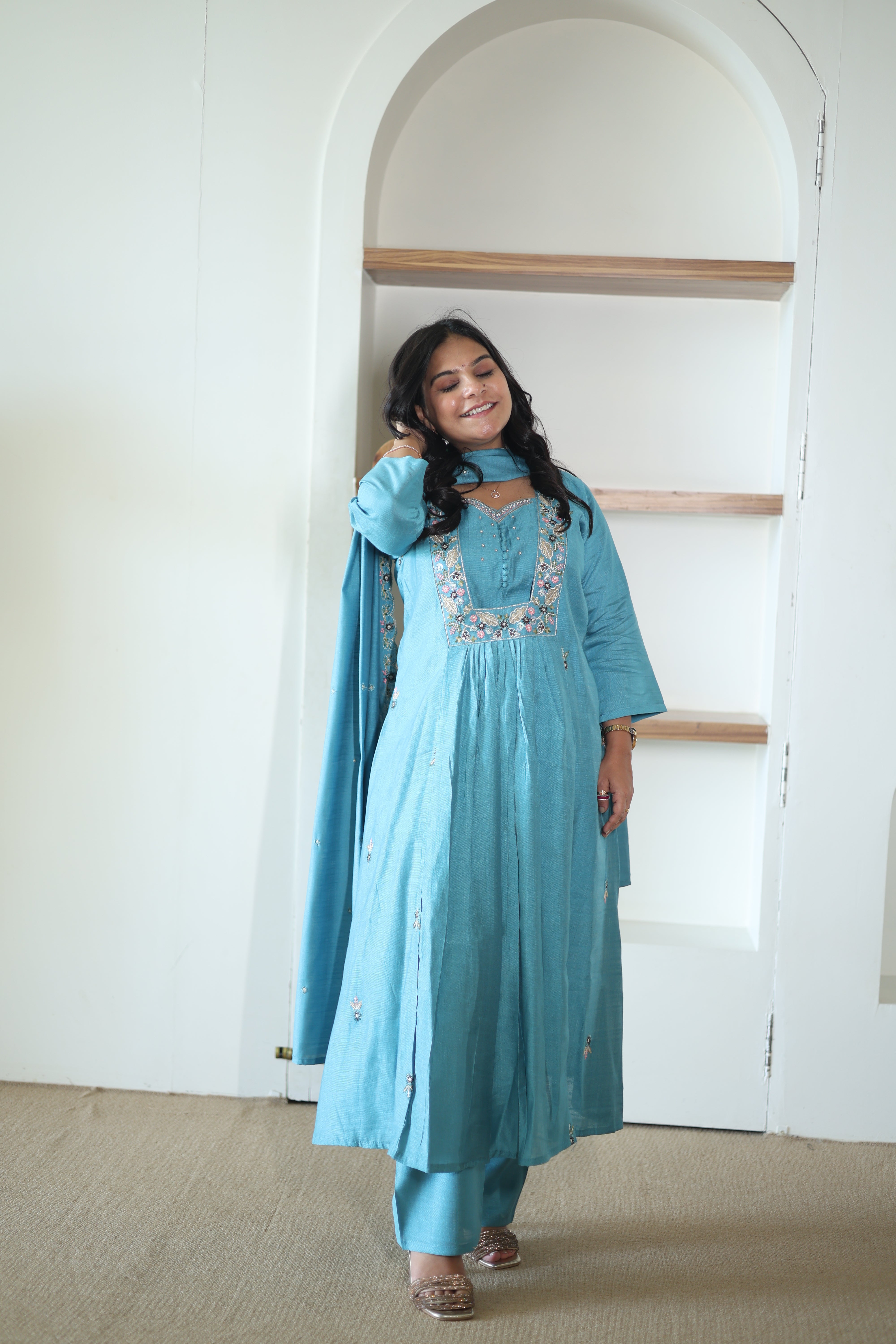 Teal Blue Silk Anarkali Suit with Floral Resham Embroidery