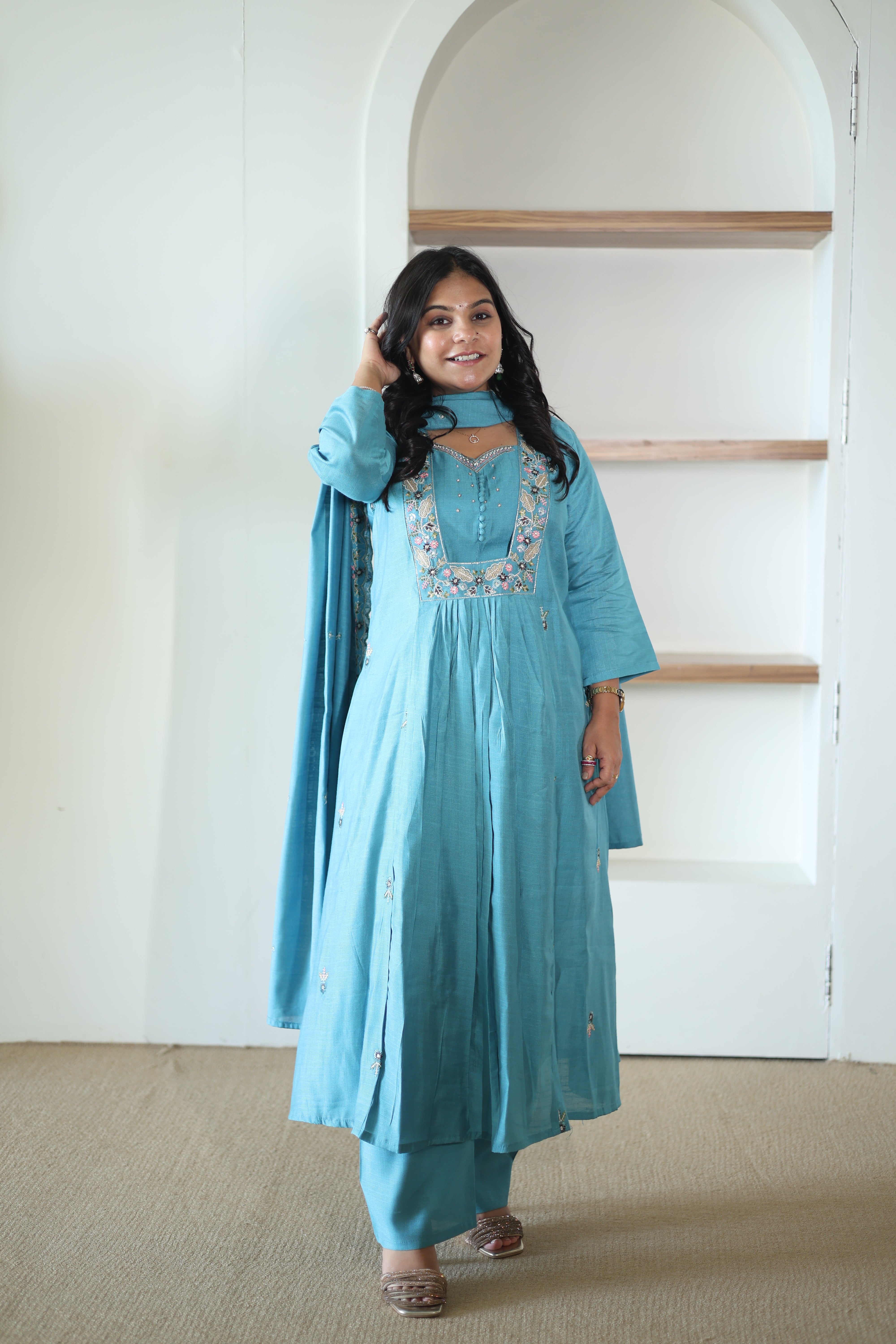 Teal Blue Silk Anarkali Suit with Floral Resham Embroidery