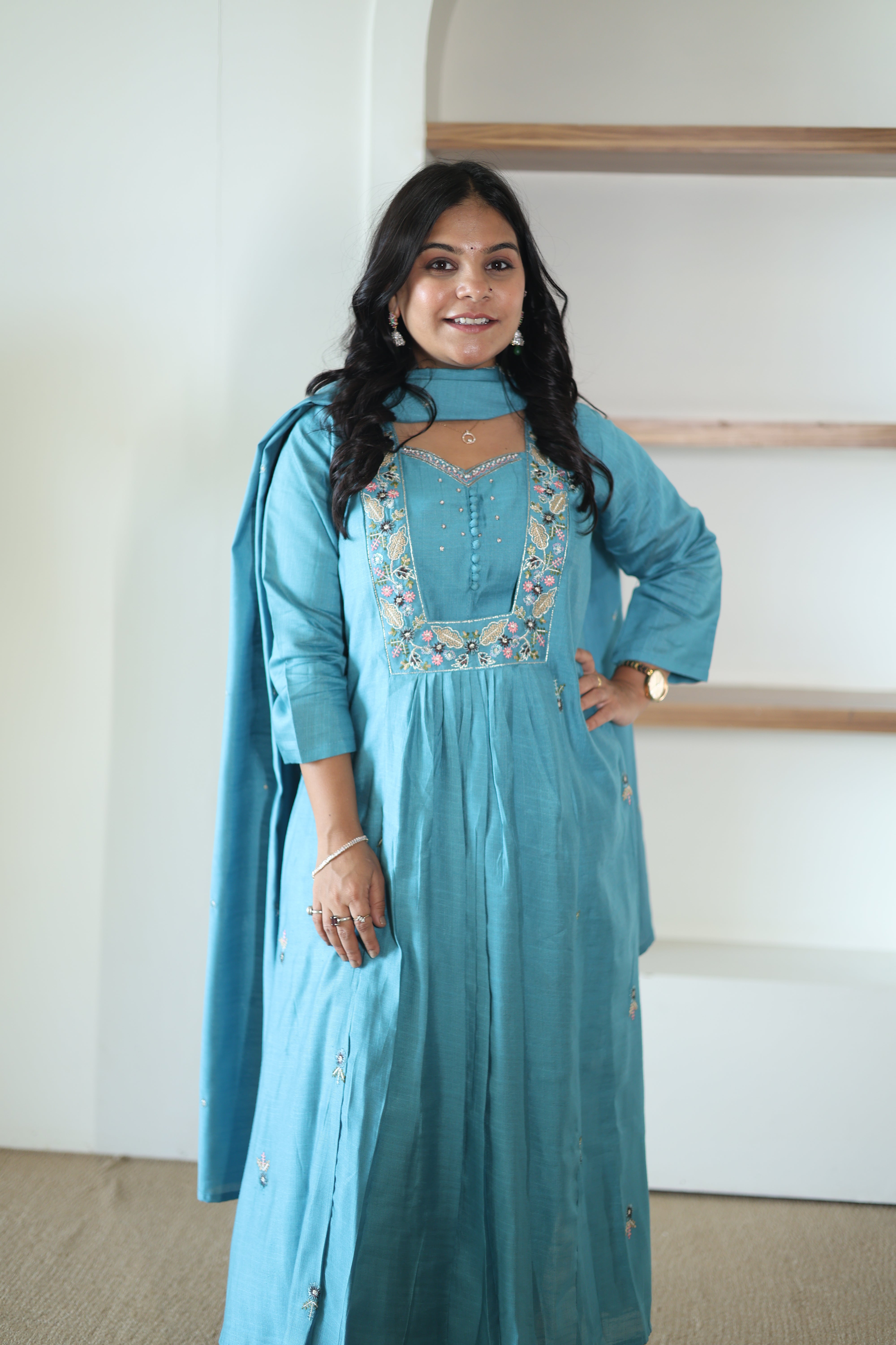 Teal Blue Silk Anarkali Suit with Floral Resham Embroidery