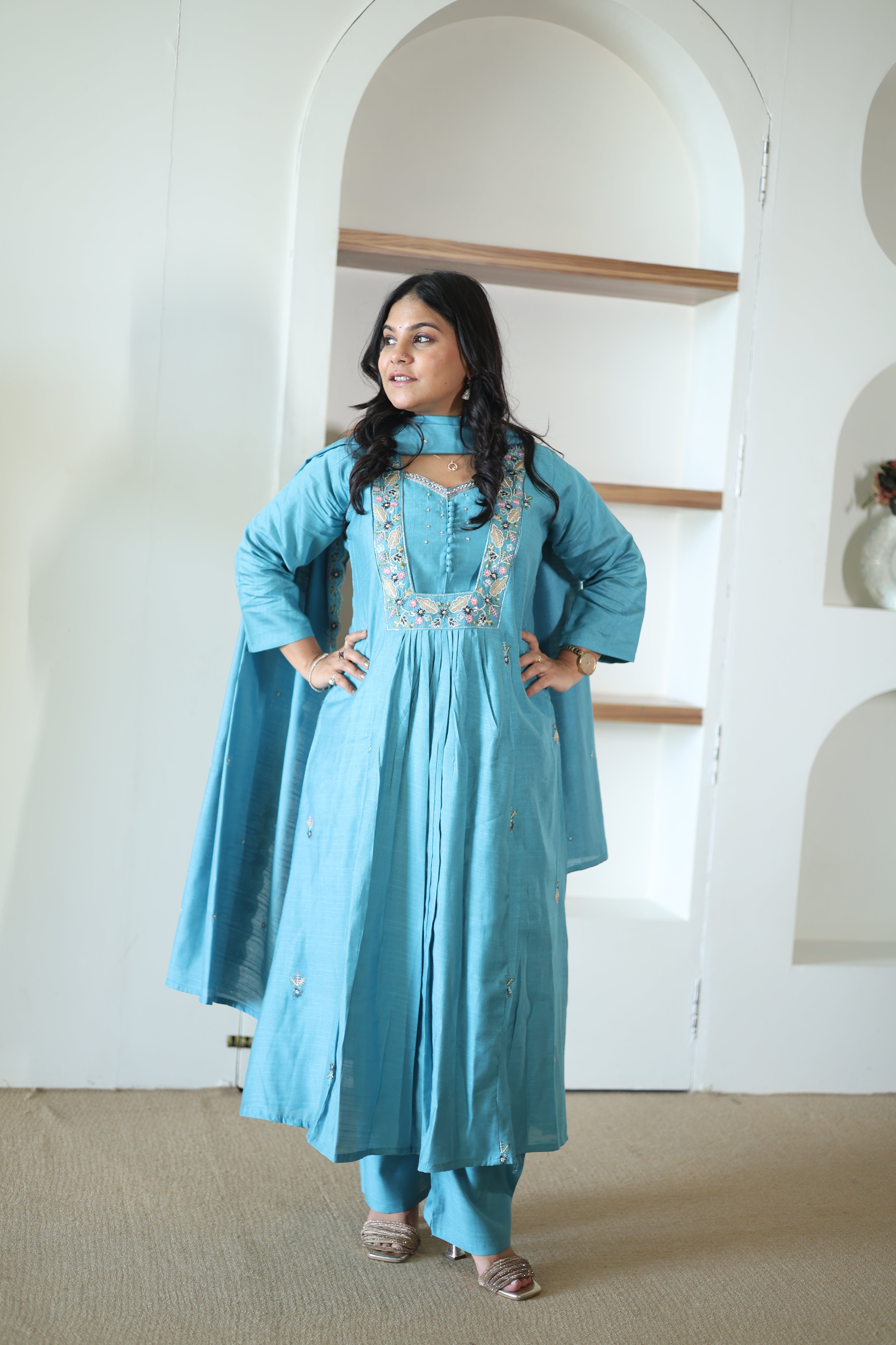Teal Blue Silk Anarkali Suit with Floral Resham Embroidery