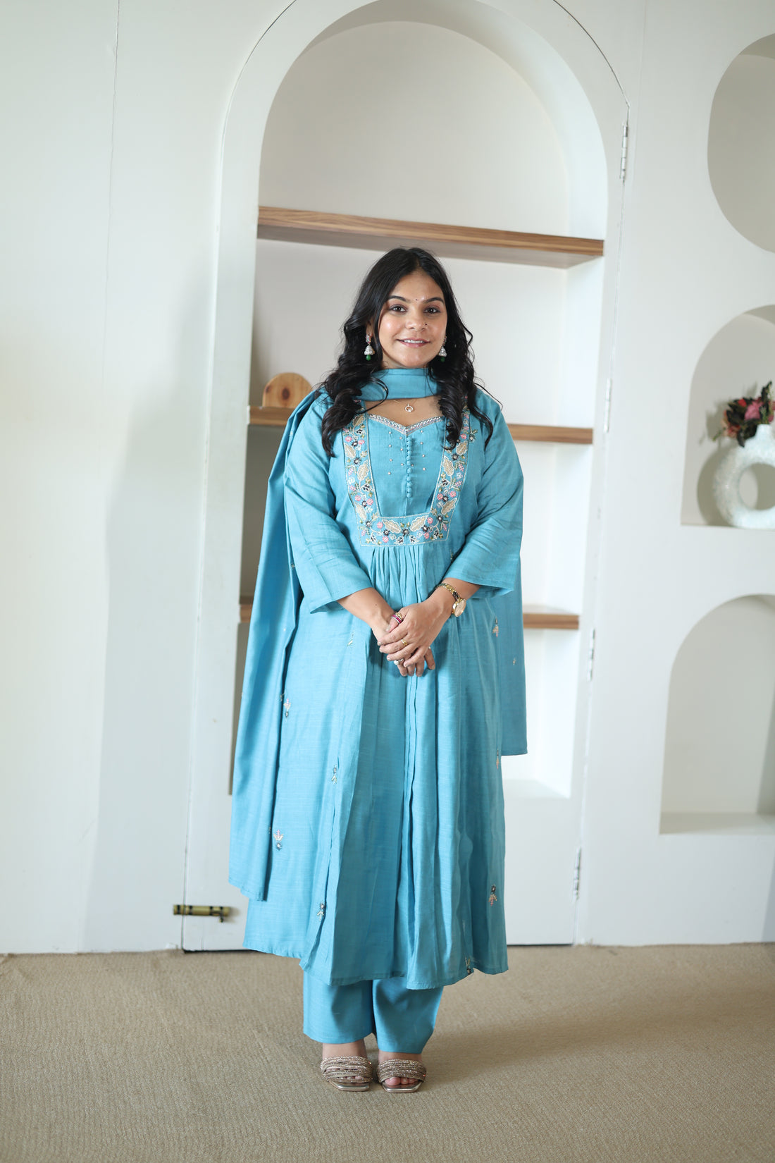 Teal Blue Silk Anarkali Suit with Floral Resham Embroidery