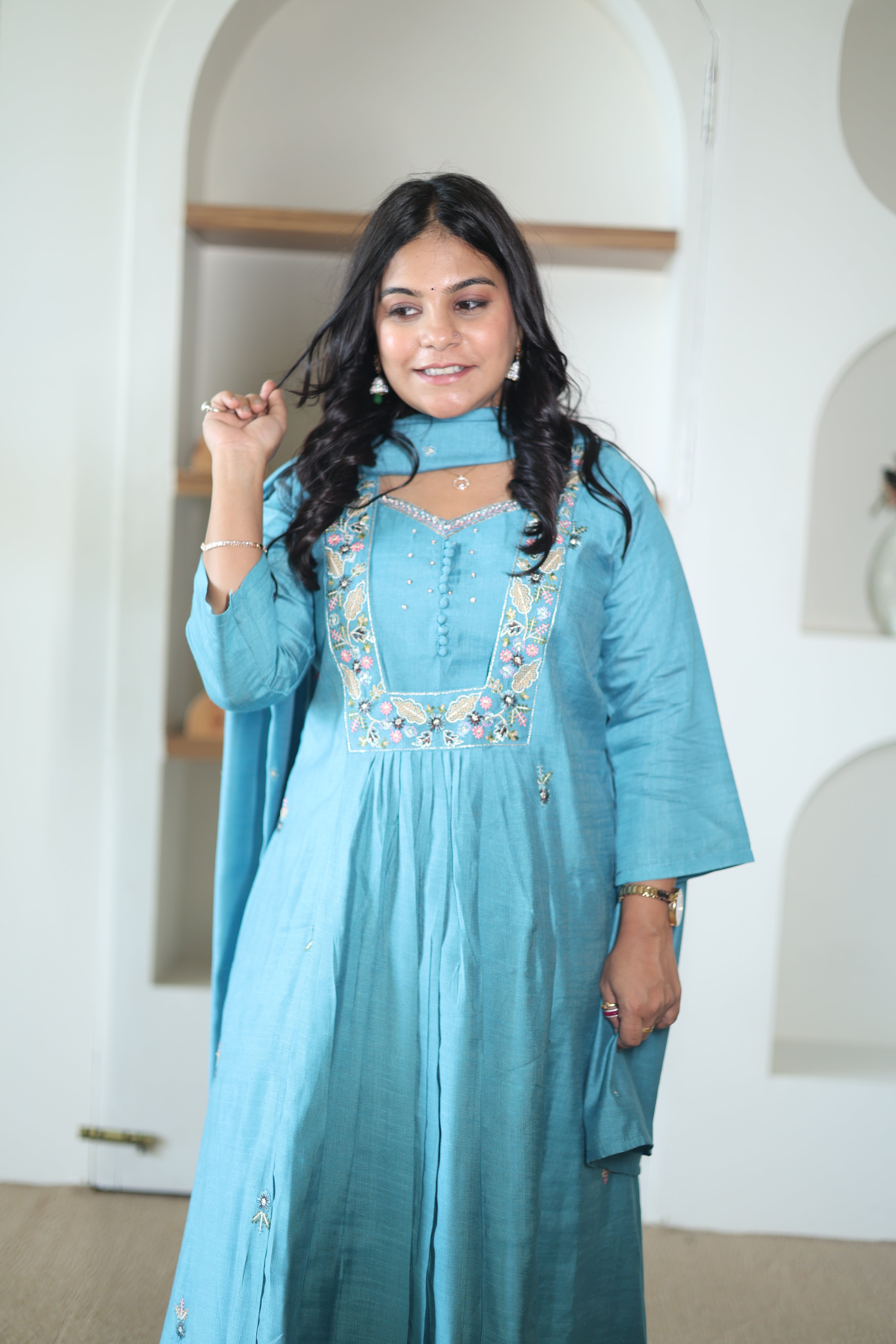 Teal Blue Silk Anarkali Suit with Floral Resham Embroidery