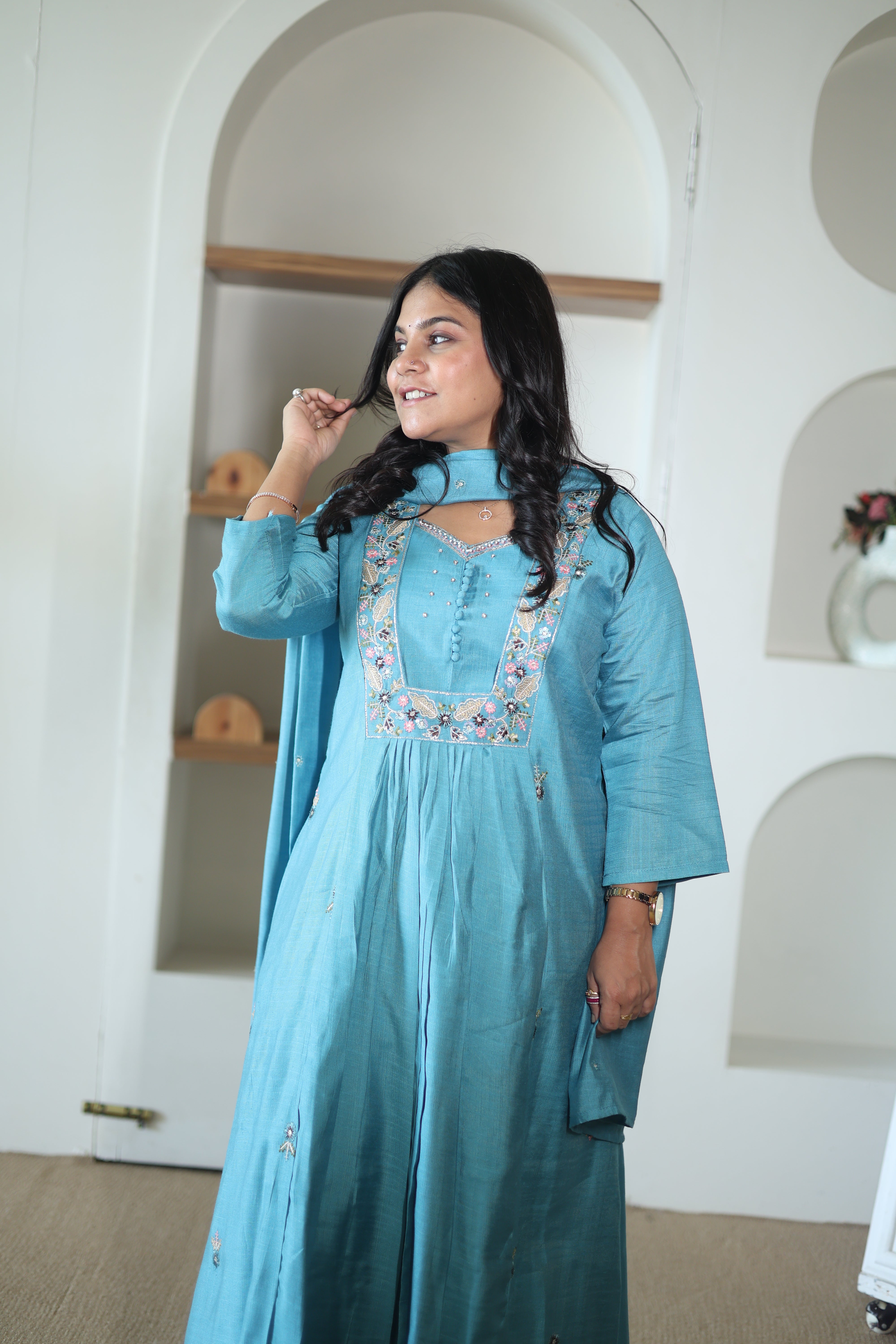 Teal Blue Silk Anarkali Suit with Floral Resham Embroidery