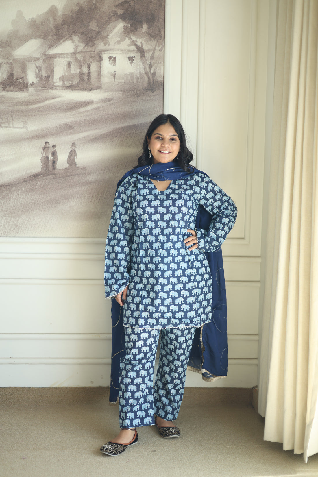 Indigo Elephant Print Cotton Co-ord Set